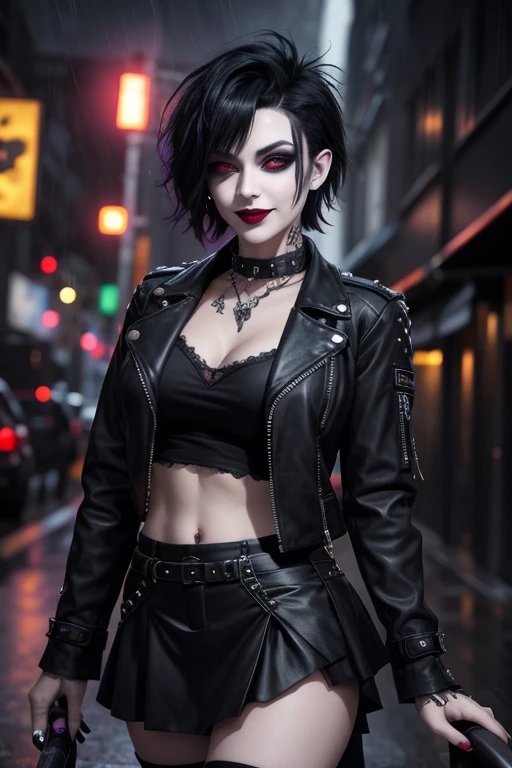 Beautiful vampire, short black rocker style hair, yellow eyes with punk style makeup, purple lipstick, wearing a gray blouse and short skirt, with a punk style jacket, showing her defined abdomen, charming smile, in the night city with soft rain