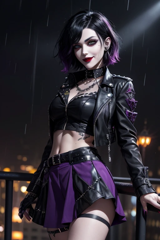 Beautiful vampire, short black rocker style hair, yellow eyes with punk style makeup, purple lipstick, wearing a gray blouse and short skirt, with a punk style jacket, showing her defined abdomen, charming smile, in the night city with soft rain