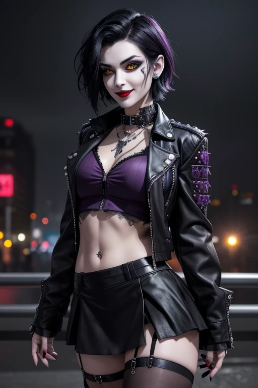 Beautiful vampire, short black rocker style hair, yellow eyes with punk style makeup, purple lipstick, wearing a gray blouse and short skirt, with a punk style jacket, showing her defined abdomen, charming smile, in the night city with soft rain