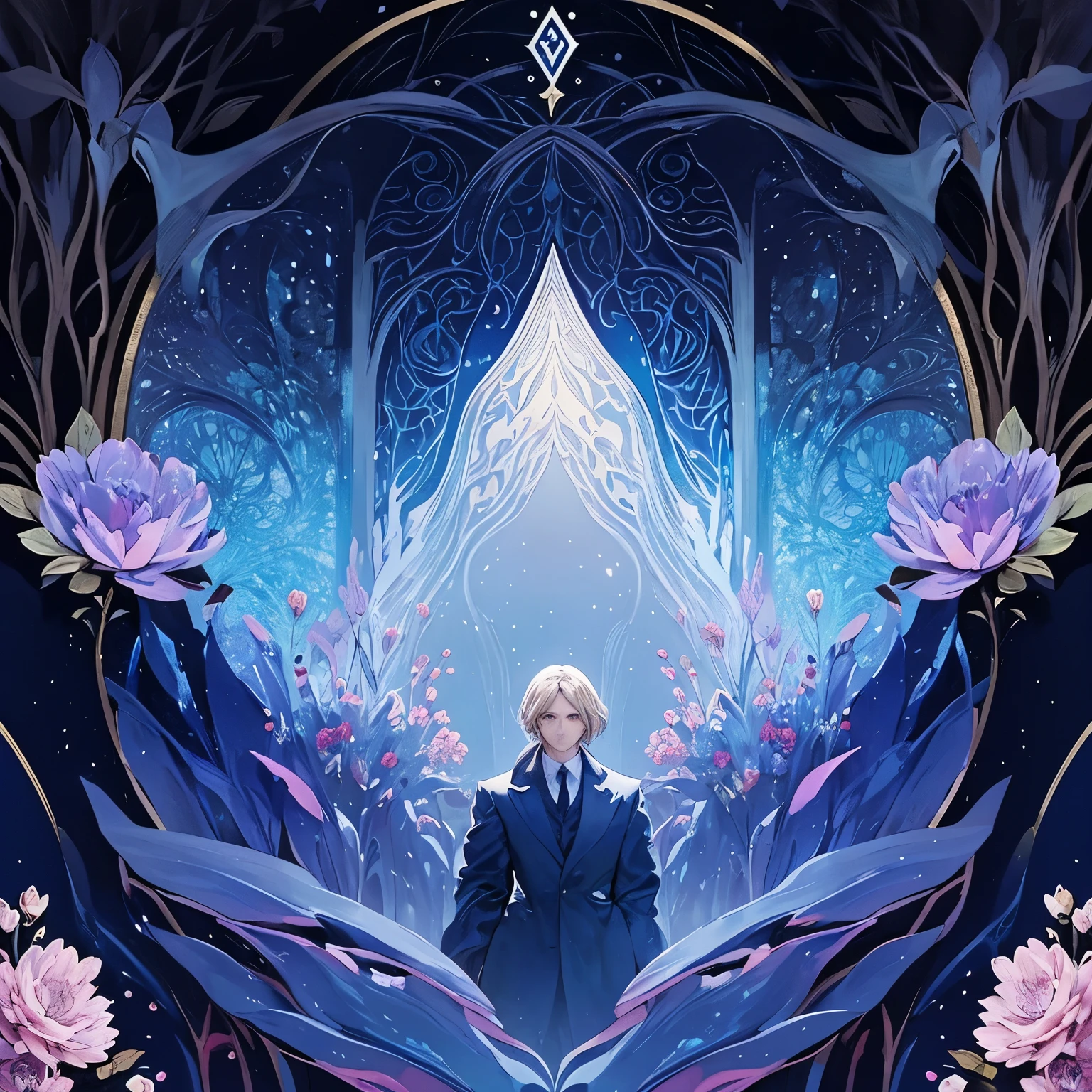 High quality super high quality masterpiece dramatic lighting, пионы blue peonies внутри цветут земляники, art nouveau style, strawberries bloom inside peonies, no people, art nouveau, cool colors, blue peonies, book cover, card tarot
