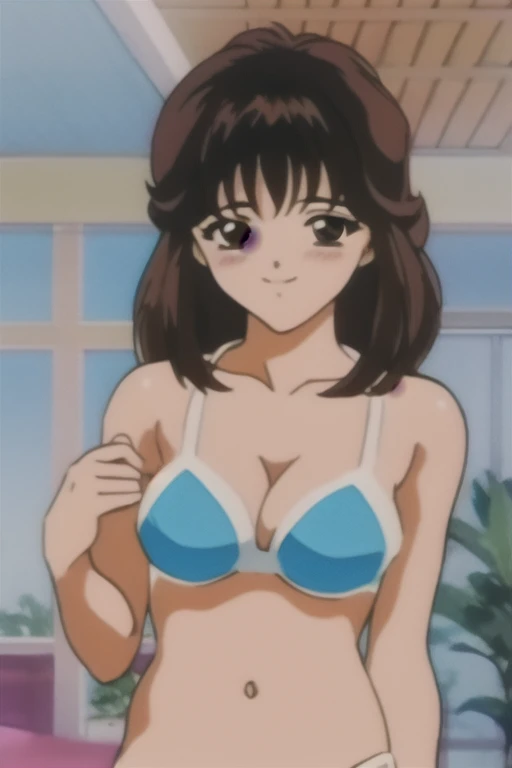 tomoko, One girl, alone, length_hair, chest, blush, smile, 前hair, brOwn_hair, just_shoulder, brOwn_eye, Closed_mouth, underwear, clavicle, Swimwear, upper_body, bikini, indoor, good, window, Own_hand_together, plant, Retro_Art Style, Own_hand_Clenched,highest quality,High resolution,