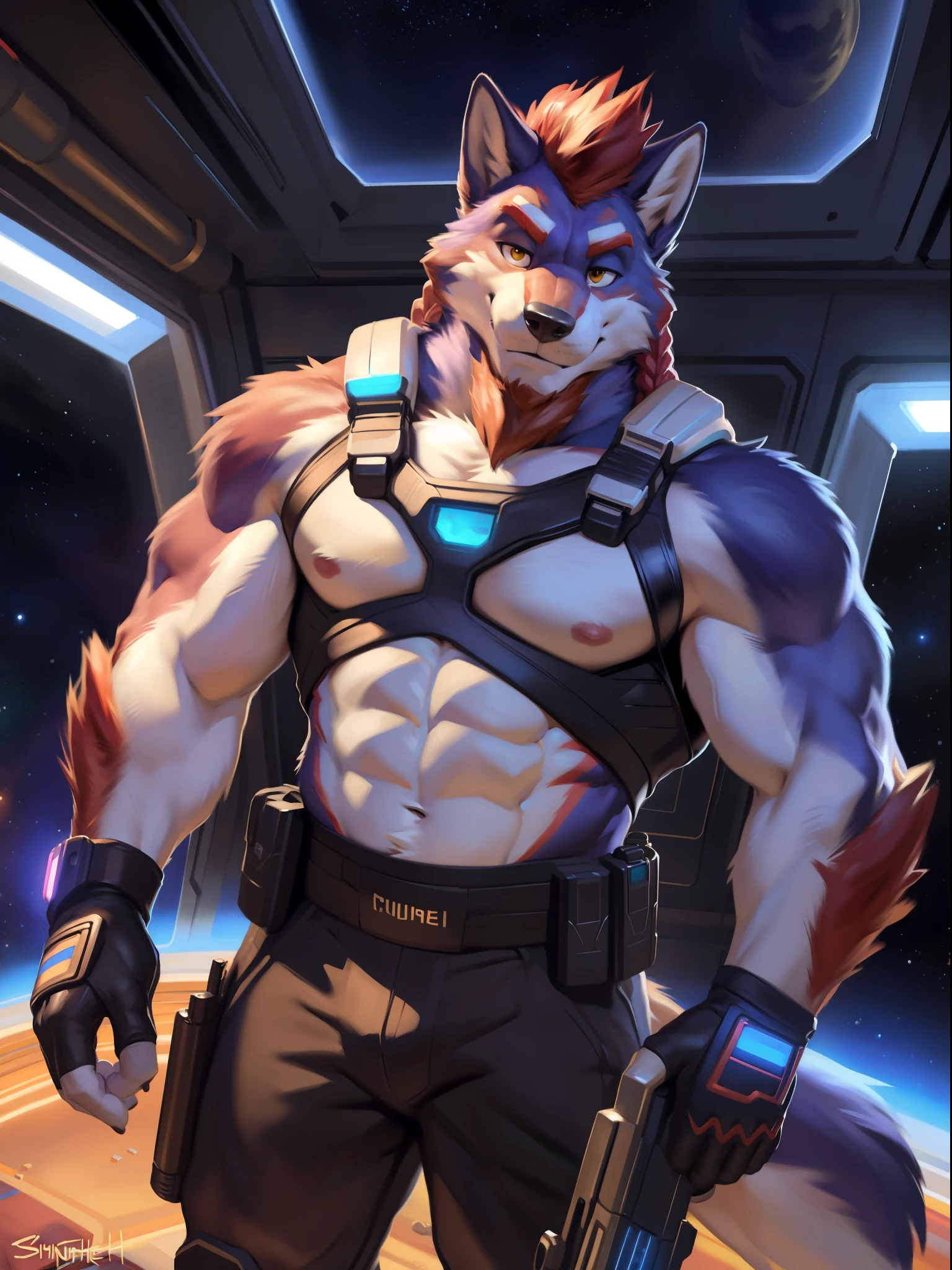 (by zackary911, by chunie, (by meesh:1.1), by null-ghost, by sigma x), Solo, standing, (Big muscles:1.4), wolf, (indigo fur:1.4), beige chest, beige belly, two-toned arms, Red hair, (twin battle braids), (braids on chest), red mohawk, yellow eyes, (full red beard), (red beard1.6), thick red eyebrows, looking at viewer, fingerless gloves, muscular male, futuristic armor, absurdres, high quality, wide dynamic view, white background, detailed eyes, black pupils, space room, holsters, guns, shotgun, pistol, cyber revealing gun vest, hand cuffs on arms