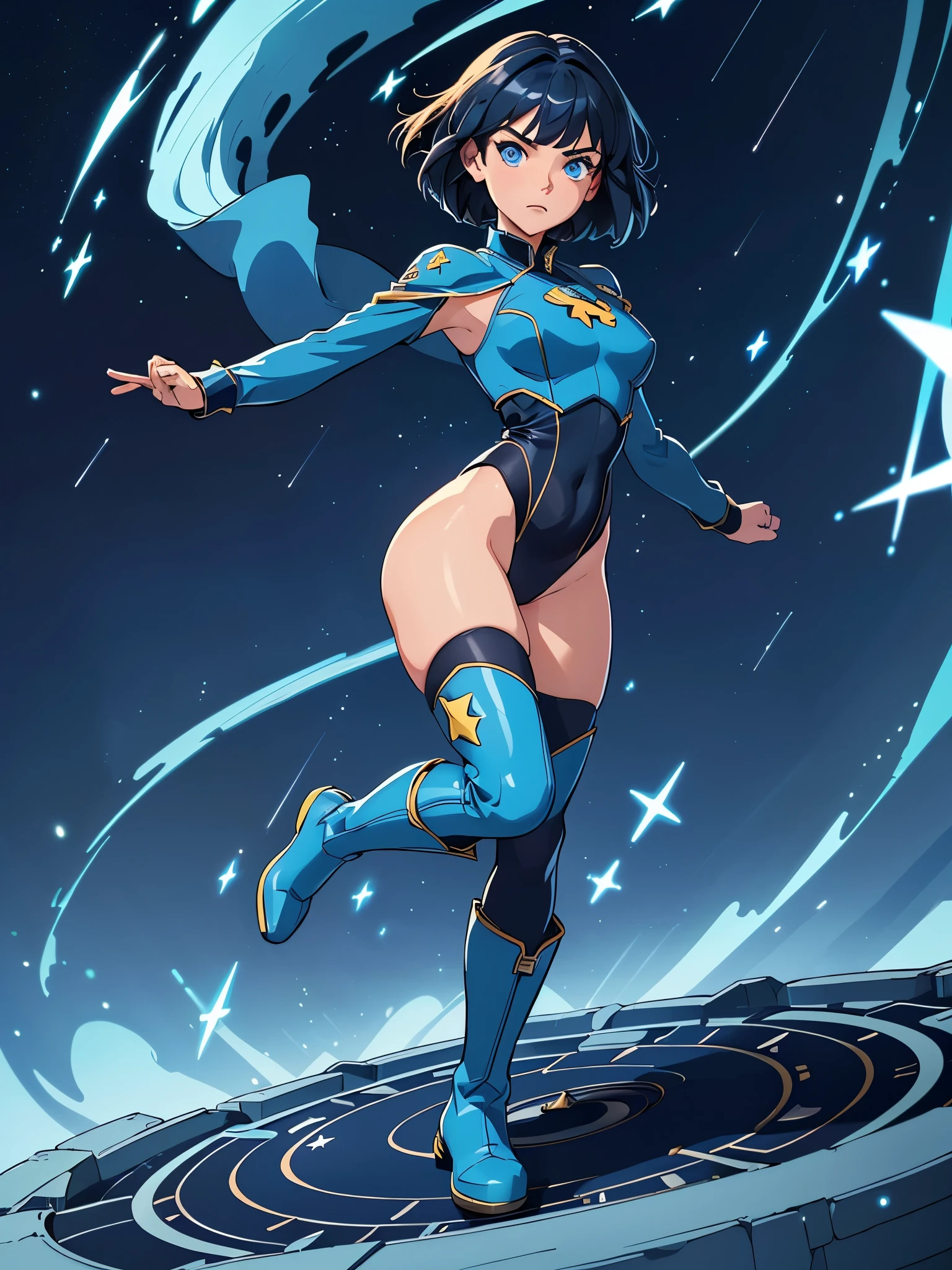 masterpiece, best quality, 1girl, superhero, ((leotard, dark blue leotard)), long sleeves, bare legs, boots, dark blue boots, matching boots, medium breasts, diffraction spikes, light particles, standing, standing straight, dark blue hair, ((short hair, bob hair)), blue eyes, beautiful detailed eyes, beautiful detailed face, cute face, (perfect hands, complete fingers, perfect anatomy, perfect proportions), heroic, ((star symbol on the chest)), serious, full body with costume, full body, cowboy shot, ((raised arms, she spins at an incredible speed, creating a whirlwind of air around her, cyclone spinning, spiral lines, spinning energy pulse around))