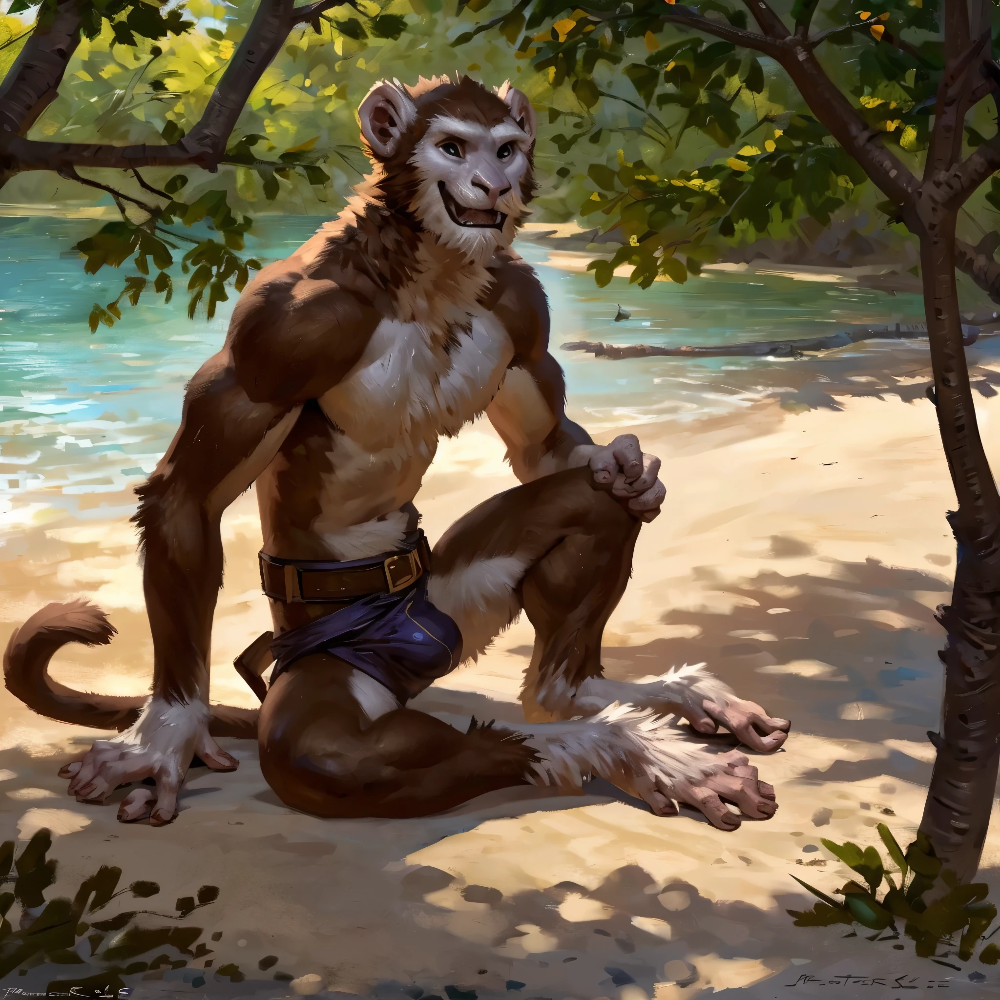 (by monsterbulge), (by Taran Fiddler), Patas Monkey, solo, feral monkey, male, belt, gold spear, beach, trees, sand, small, short legs, skinny body, slender, slim mustache, thick eyebrows, prehensile primate feet, monkey tail, white mustache, grey face, grey hands, ineffective clothing, orange fur, white fur, feral animal, happy, pulling belt, water, wet fur