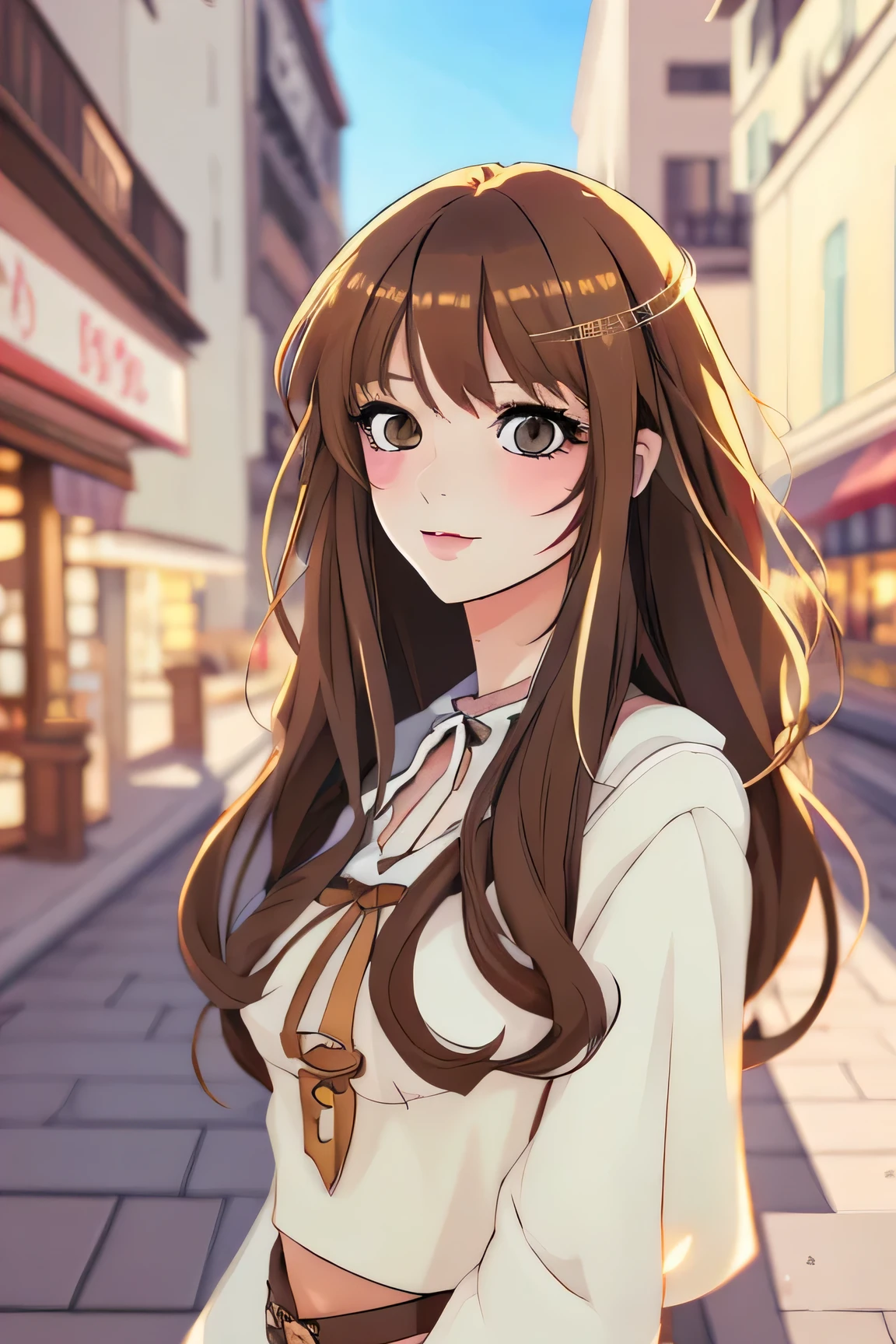 Western European cityscape、Anime girl with long hair and brown eyes, Anime Style 4k, beautiful anime portrait, Cute art style in anime, Anime Girl Portrait, Cute Anime Girl portrait, Cute Anime Girl, Cute girl anime visuals, Cute Anime Girl, Cute Anime Girl portraits, portrait of Cute Anime Girl, Anime style portrait, Beautiful Anime Girls
