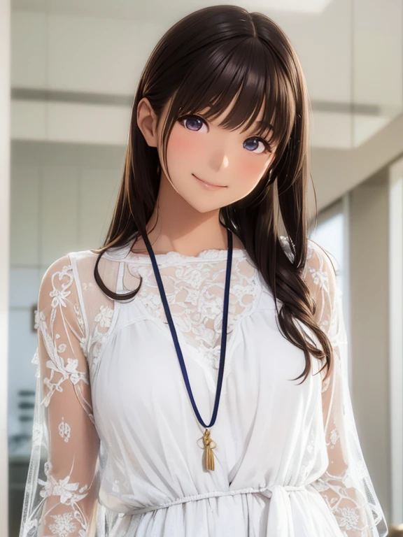 High resolution,In 8K,highest quality,detailed,Semi-realistic anime,Anime 3D Style,Smooth anime CG,One Girl,19-year-old woman in Japan,slim,Modeled,Shiny brown hair,Medium Hair,detailedな顔,Beautiful and detailed,Glowing Skin,White lace dress,straggling hair,Angelic hairstyle,Small breasts,((Looking at the camera)),((Mouth closed)),((Smile)),Deep violet sparkling eyes