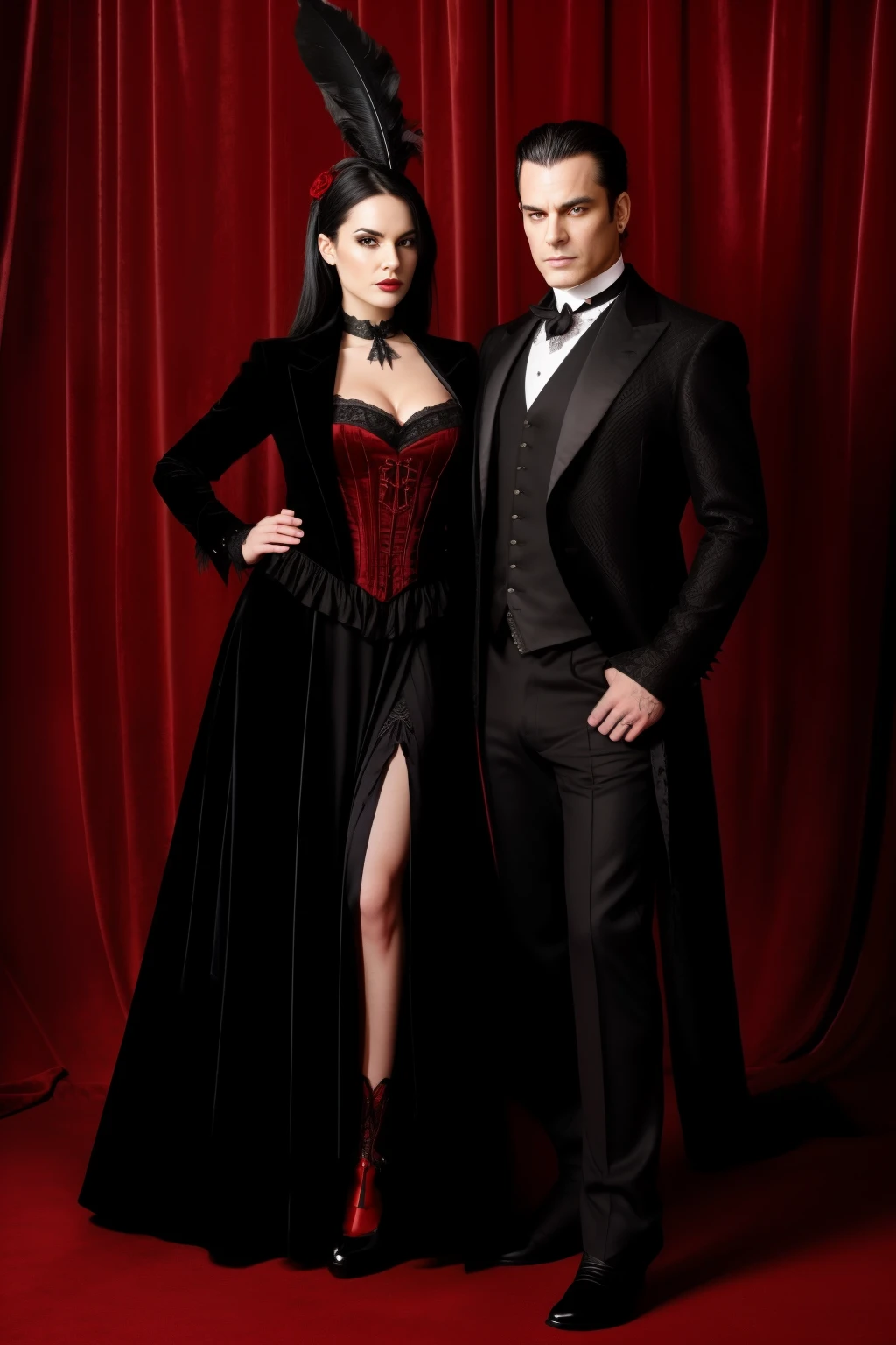 Vince & Diablo = amazing gothic couple, Solo, Long dark hair for Vince, jet black and waved for Diablo, both in their late 20s, Piercing dark eyes, Vince with a sharp chin and diagonal scar above his left eyebrow, Diablo with a captivating red lip and a beauty spot on her left cheek, both dressed in Victorian-era gothic attire, Diablo in a floor-length red velvet gown with lace detailing and Vince in a black tailcoat, black boots, and a silk cravat, Diablo accessorized with a silver choker necklace and a large black feather in her hair, Vince with