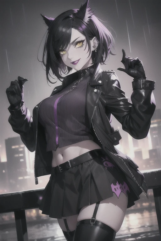 Beautiful vampire, short black rocker style hair, yellow eyes with punk style makeup, purple lipstick, wearing a gray blouse and short skirt, with a punk style jacket, showing her defined abdomen, charming smile, in the night city with soft rain