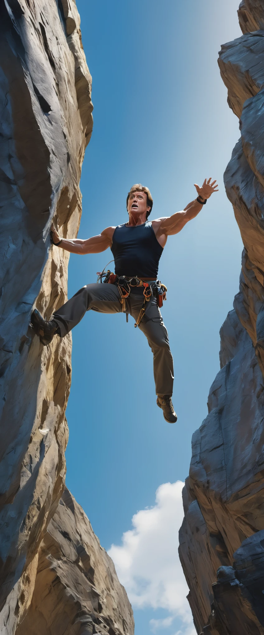 Sylvester Stallone in light clothing、The thrilling moment of free climbing up a towering cliff against the vast blue sky is captured in high-definition images.。This scene、Reflecting the sunlight shining through the clear, cloudless sky、It boasts an intricate texture that reflects every crevice and fissure in the rock's surface.。The vivid colors emerge against the stark natural backdrop of the cliffs.、映画のクリフハンガーを彷彿とさせる息を呑むようなドラマチックな映画のmasterpieceとなっています。(High resolution CG Unity 8k wallpaper、masterpiece、Very detailed、Best Shadow、Dynamic angle、Beautiful detail glow)