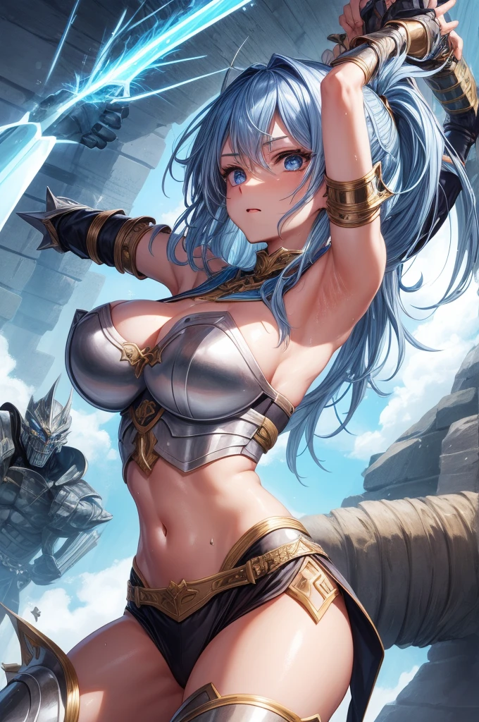 A female swordsman wearing shiny metallic steel armor.、Armpit、belly button、Thighs、Fighting monsters in a dungeon、Raise your sword、raise your arms high、Sweaty