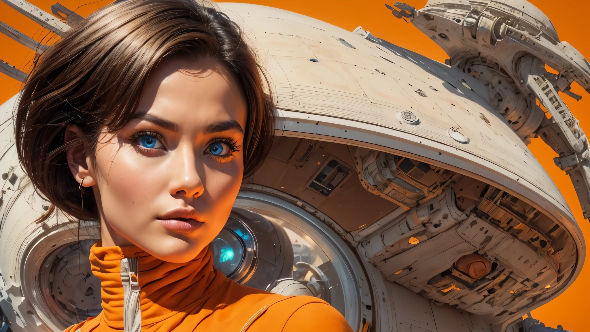 arafed image of a white woman in a futuristic suit with a spaceship in the background, movie art, in front of an orange background, inspired by Robert McGinnis, female protagonist, megastructure in the background, portrait of an ai astronaut, astronauts, an astronaut, portrait of a astronaut skeletor, perfect android girl, detailed eyes, perfectly detailed teeth, frank franzzeta and sakimichan