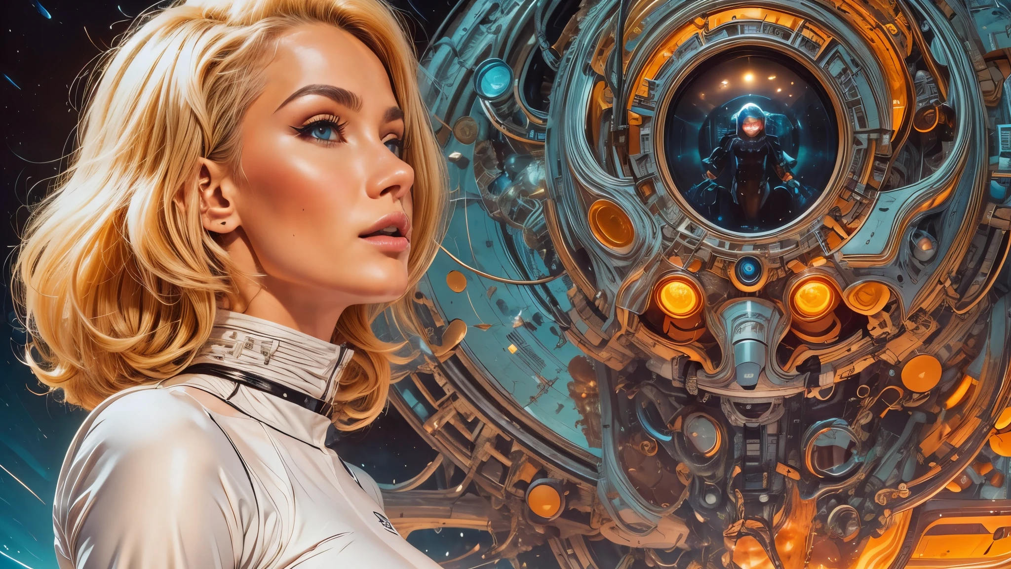 arafed image of a white woman in a futuristic suit with a spaceship in the background, movie art, in front of an orange background, inspired by Robert McGinnis, female protagonist, megastructure in the background, portrait of an ai astronaut, astronauts, an astronaut, portrait of a astronaut skeletor, perfect android girl, detailed eyes, perfectly detailed teeth, frank franzzeta and sakimichan  