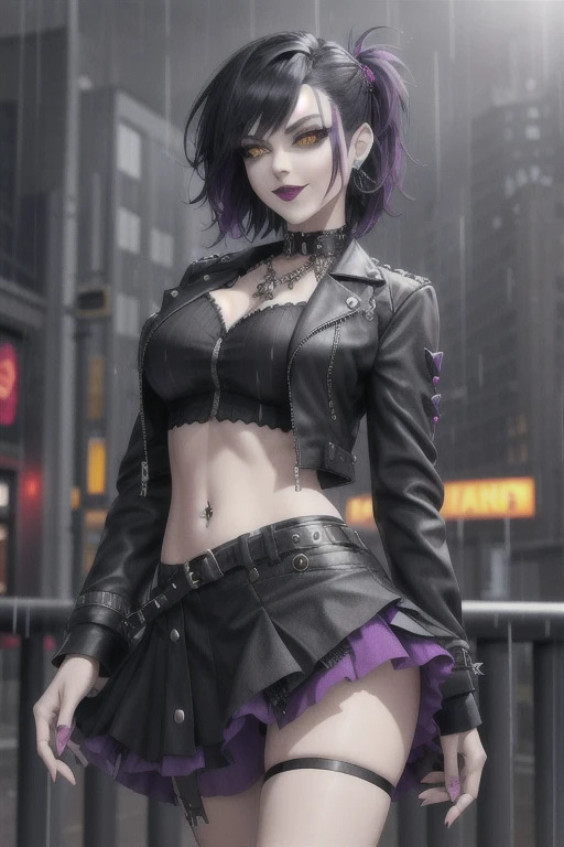 Beautiful vampire, short black rocker style hair, yellow eyes with punk style makeup, purple lipstick, wearing a gray blouse and short skirt, with a punk style jacket, showing her defined abdomen, charming smile, in the night city with soft rain