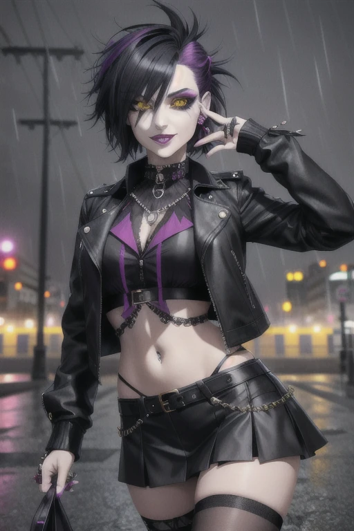 Beautiful vampire, short black rocker style hair, yellow eyes with punk style makeup, purple lipstick, wearing a gray blouse and short skirt, with a punk style jacket, showing her defined abdomen, charming smile, in the night city with soft rain