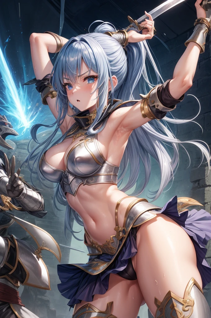 A female swordsman wearing shiny metallic steel armor.、Armpit、belly button、Thighs、Fighting monsters in a dungeon、Raise your sword、raise your arms high、Sweaty body、Sweat splashes