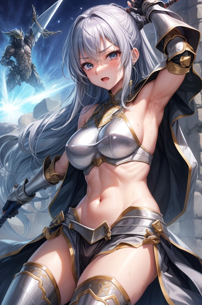 A female swordsman wearing shiny metallic steel armor.、Armpit、belly button、Thighs、Fighting monsters in a dungeon、Raise your sword、raise your arms high、Sweaty body、Sweat splashes