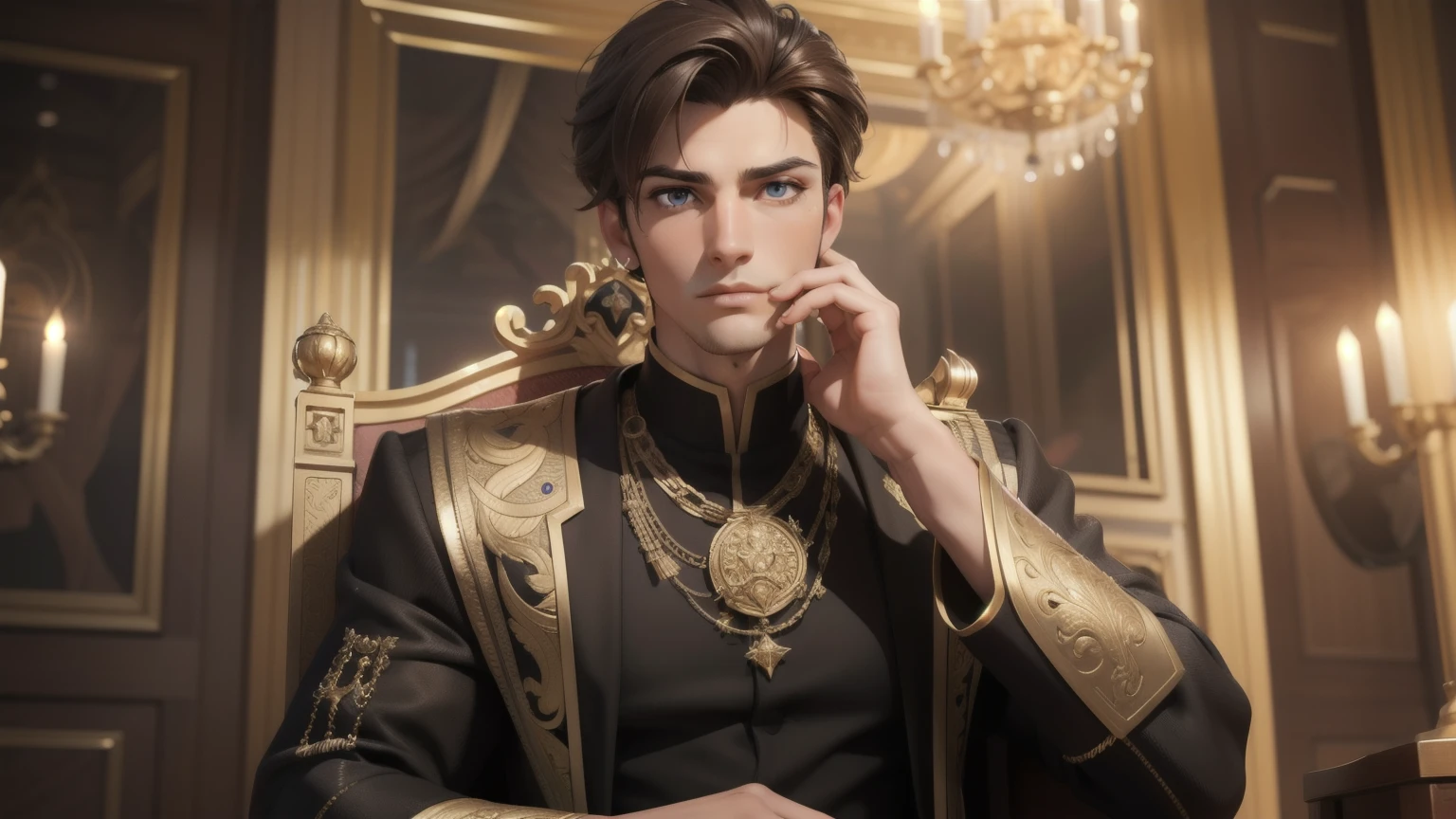 masterpiece, best quality,3d rending work ,3DMM style,close-up,portrait, 3D,male,20 year old, handsome, mature, perfect face, perfect eyes, sculpted jaw, brown hair, short hair, bare forehead, shining brown eyas, masculine, manly, cool, messy, roughwearing black princely clothes with gold decoration,(on a palace throne made of metal, in a large palace hall,extremely detailed, one picture, solo,upper body in frame
