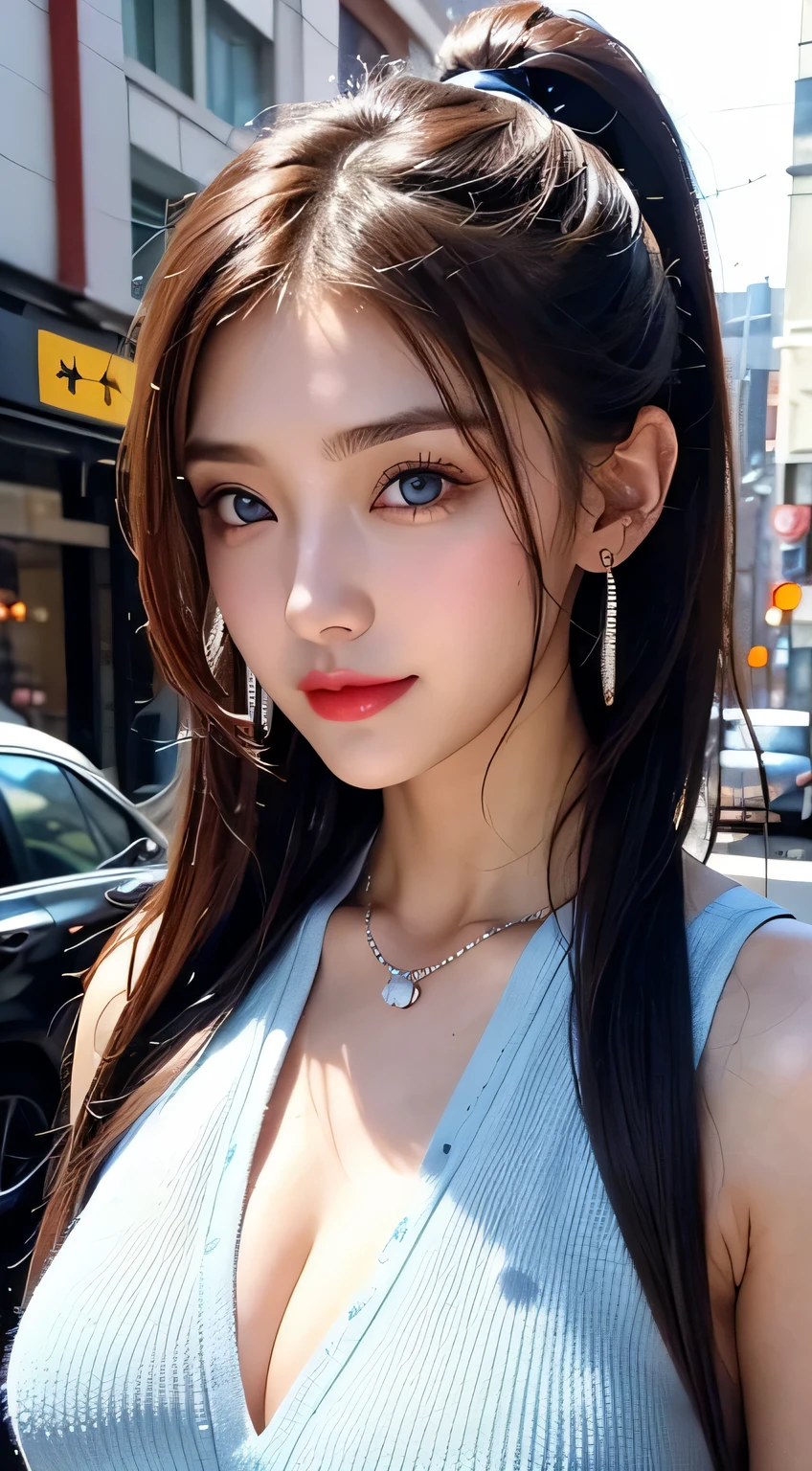 Urban beautiful girl college student, masterpiece, light makeup, Red lips, Silver Hair, Disheveled long hair, Street background, beautiful, elegant. Extremely fine detail, Master Works, Authentic texture, Realism in film lighting, Perfect job, 16k, hd, exquisite features,blue eyes、Japanese Idols、Beautiful face、Cute Smile、brown hair、beautiful hair、ponytail、glamorous、 Big Breasts、Erect nipples、Greasy muscles、Shiny skin、Sunburned skin、Glowing dark skin、Wearing a bra top and thong, Bright big eyes, Smooth skin, Earrings, necklace, tattoo