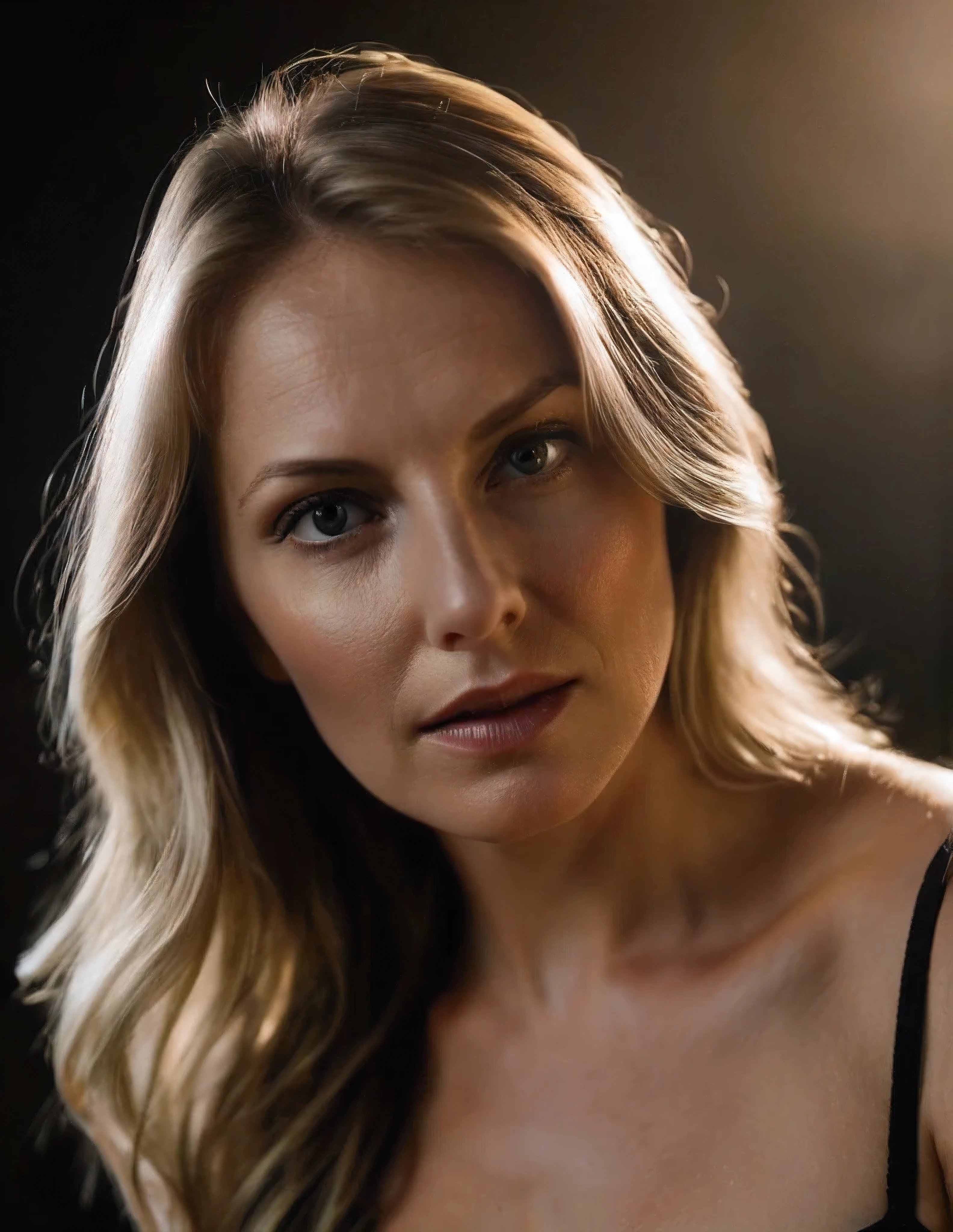 a character photo portrait of a German woman with dark blonde hair, Licht und Raum, dramatisches Licht im Gesicht, realistisches Gesicht stimmungsvolle Beleuchtung, Light falls on the face, natural big breasts and clearly defined and hard and long nipples