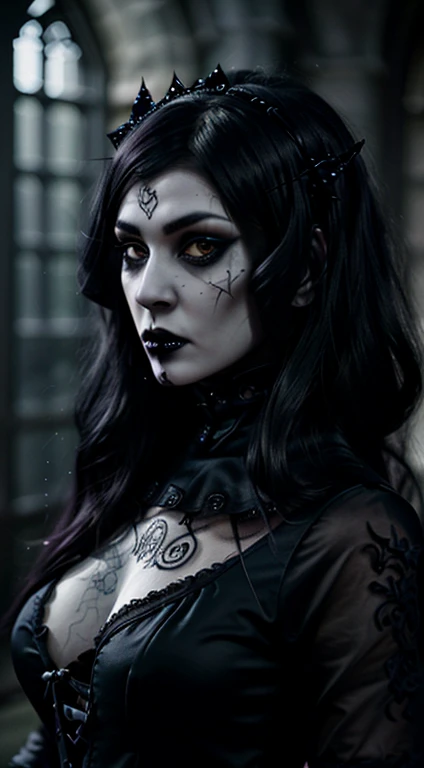 a person with red rune and tiers long hair, a photo, tumblr, gothic art, dark hair and makeup, & a dark, ashy (160p-320p)--v 6.0 --style horror scary , digital art, gothic art,, twilight, watermarked ACVR, ((oversaturated)), shrouded figure, the lady of ash, wrapped in black, phot,, beautiful female god of death, with black eyes, shes alone, silver, person wearing a costume,white eyes, tumblr, gothic art, beautiful vampire female queen, & a dark, itArt, Unity 8k wallpaper, ultra-detailed, beautiful, beautiful, ((New Goth gal:1.4)), masterpiece, best quality, dark, atmospheric, mystical, romantic, creepy, literature, art, fashion, victorian, decoration, intricate, ironwork, lace, contemplation, emotional depth, supernatural, 1 girl, solo, hip, Very highly realistis(160p-320p)--v 6.0 --style horror scary , digital art, gothic art,, twilight, watermarked ACVR, ((oversaturated)), shrouded figure, the lady of ash, wrapped in black, phot, siluette, beautiful female god of death, with black eyes, shes alone, silver, silhuettea person wearing a costume,white eyes, tumblr, gothic art, beautiful vampire female queen, & a dark, itArt, Unity 8k wallpaper, ultra-detailed, beautiful, beautiful, ((New Goth gal:1.4)), masterpiece, best quality, dark, atmospheric, mystical, romantic, creepy, literature, art, fashion, victorian, decoration, intricate, ironwork, lace, contemplation, emotional depth, supernatural, 1 girl, solo, hip, Very highly realistis