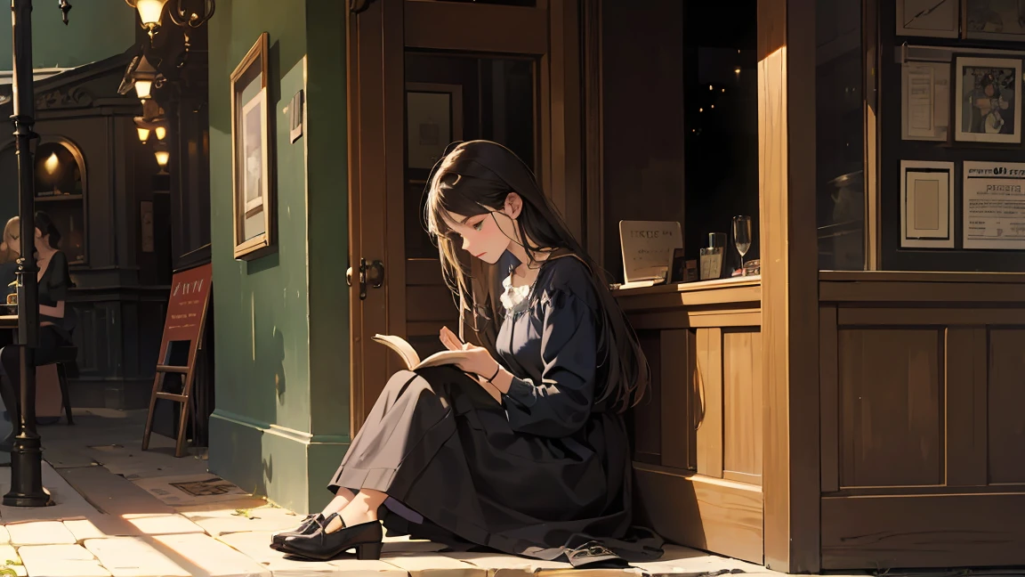 A slightly dark jazz cafe,A woman reading a book in a corner