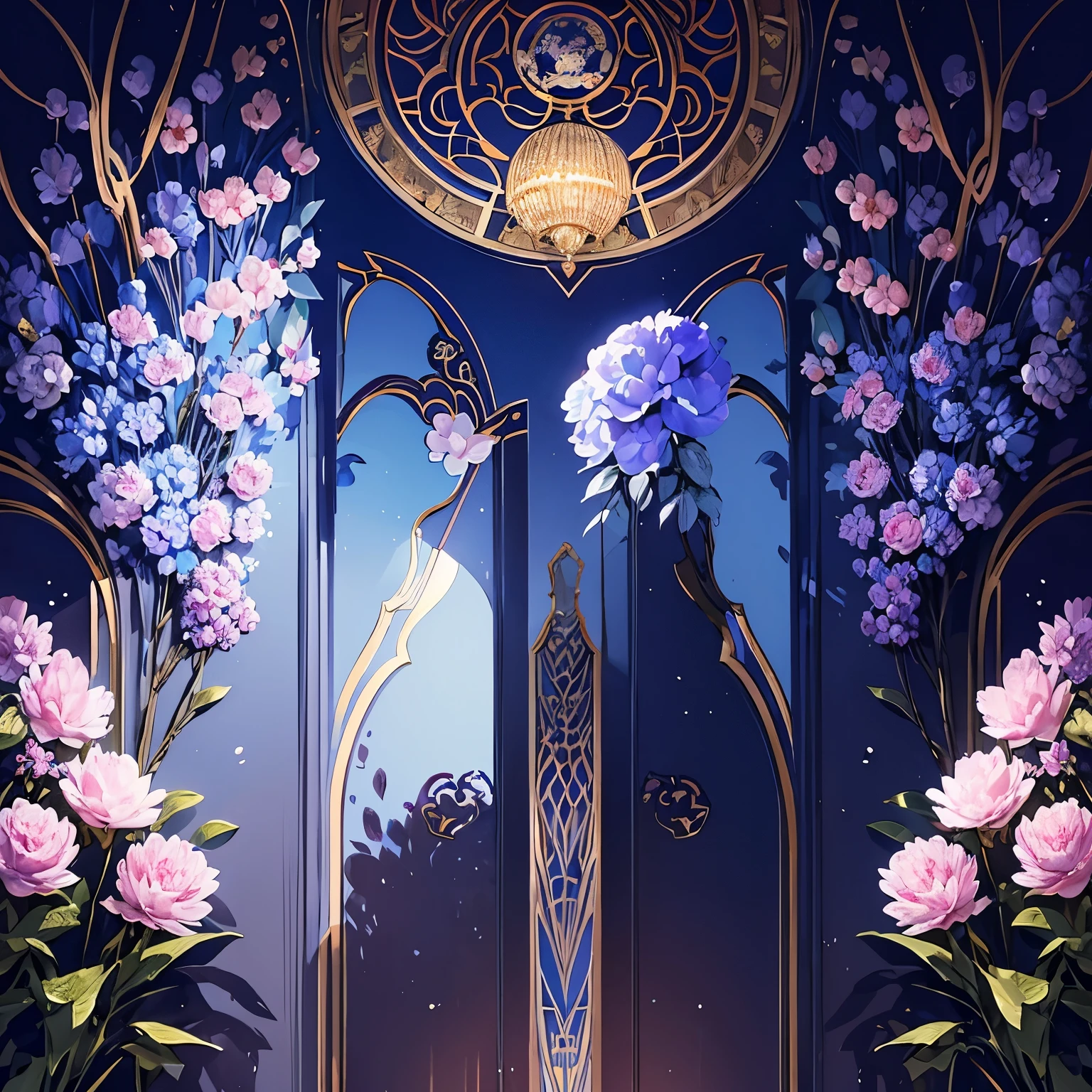 High quality super high quality masterpiece dramatic lighting, пионы blue peonies внутри цветут земляники, art nouveau style, strawberries bloom inside peonies, no people, art nouveau, cool colors, blue peonies, book cover, card tarot