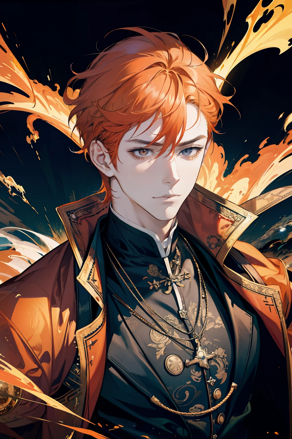 (absurdres, highres, ultra detailed), 1 male, adult, handsome, (orange hair), tall muscular guy, broad shoulders, finely detailed eyes, portrait,  looking at viewer, solo, half shot, detailed background, close up, aggressive expression,   doctor strange outfit,  flying,  sky, hair blowing in the wind,    electric sparks, explosions, battle scene, majestic atmosphere,, closed mouth, cowboy shot