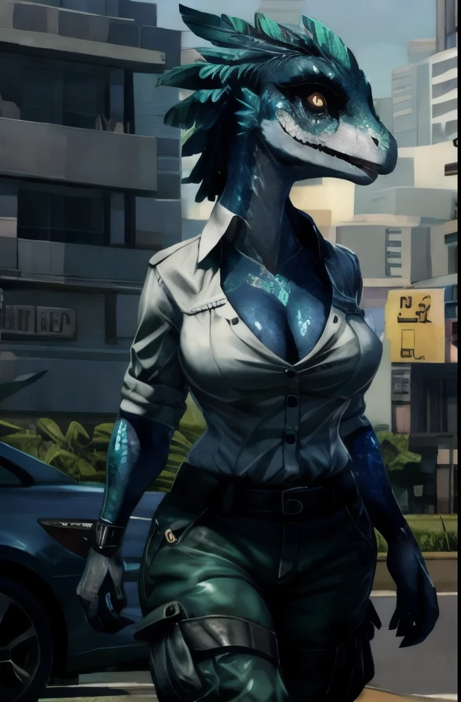 looking at car, looking surprised, furry, anthro, deinonychus, female, clothes, secretary blouse, busty, (by zackary911, by braeburned, by haps), shiny scales, cargo shorts, creepy, horror movie, checkered crop shirt, hourglass shape, futuristic setting, years 3000, breasts, head feathers,
walking, arm extended, 3D cartoon, 8k, realistic drawing, cleavage