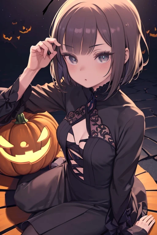 masterpiece, highest quality、1 Mature Woman、(Very detailed CG ユニティ 8k 壁紙),(masterpiece), (highest quality), (Very detailed), (Best illustrations),(Best Shadow), (Sharp eyeliner, eye shadow, Fine grain:1.1), (Halloween, Night Sky, Jack-o'-Lantern, :1.1), ,break, (vectorHalloween:1.2), ,