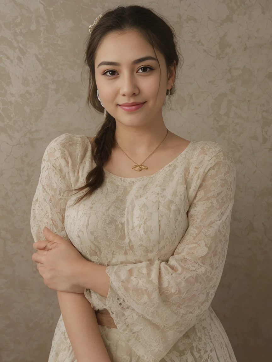 Create hyperrealistic, hyperdetailed photos. A 19 year old girl, beautiful, chubby, slightly chubby with healthy white skin and soft eyes. Her hair is in a neat classic Javanese bun and she is wearing a polite white kebaya, smiling softly and sweetly, facing the camera, hand position namaste. wearing ethnic earrings and a gold tiara. At the top center of the classic wallpaper background is the writing "SELAMAT HARI KARTINI ". At the very front and bottom there is the writing "Habis gelap terbitlah terang" in a classic and unique font.
Classic wallpaper background with typical Yogyakarta batik motif. This girl has a hot body with a slightly fat waist.