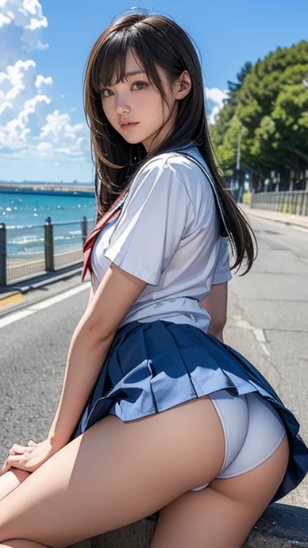 ((最high quality, 8k, masterpiece: 1.3, Ultra HD, high quality, 最high quality, High resolution, realism)) 、Very beautiful 18 year old Japanese girl、Hair color is black、black eye、Medium Hair、Straight hair、smile、A slim but well-proportioned muscular body、Athlete-like figure、I't'I'I don't want my head to disappear from the screen...、sit on a high breakwater on the beach、The blue sky is beautiful、There's a cloud at the entrance、that'summer、I'm wearing a sailor suit、Wearing a navy blue pleated skirt、Wear loafers、There is a road in front of the breakwater..、There is a sign indicating the bus stop.、The sea is beautiful、The horizon looks beautiful、I can see an island off the coast、On the embankment((Doctoral No..Slump Arale-chan))run sharply,(()), ((Narrow waist, Thin thighs, Round ass,Thin arms, Skirt flip))