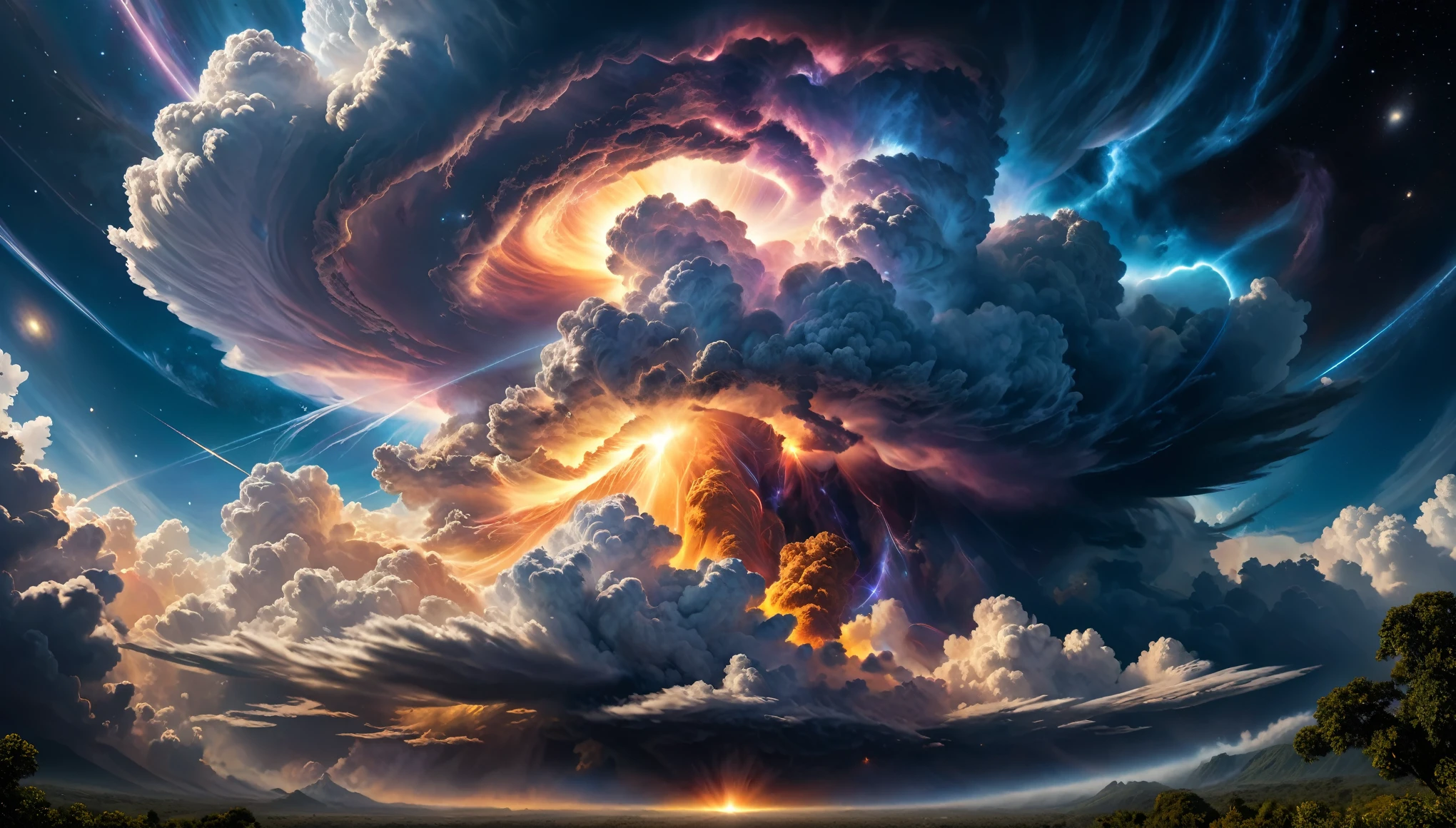 God, the omnipotent creator of the entire universe, greater than all galaxies, represented by the figure of a hyper hyper mega gigantic cloud of energy in the middle of the hyper detailed universe, hyper sharp, hyper realistic, intricate, 32k, photorealism style