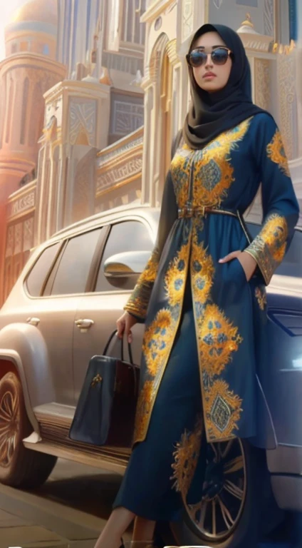 modelshoot style, (extremely detailed CG unity 8k wallpaper), full shot body photo of the most beautiful artwork in the world, (arabic princess:1.4), delicate silk clothes, arabian silk Hijab, magic, an arabic village with persian details in the background, hdr, photorealistic painting by Ed Blinkey, Atey Ghailan, Studio Ghibli, by Jeremy Mann, Greg Manchess, Antonio Moro, trending on ArtStation, trending on CGSociety, Intricate, High Detail, Sharp focus, dramatic, photorealistic painting art by midjourney and greg rutkowski