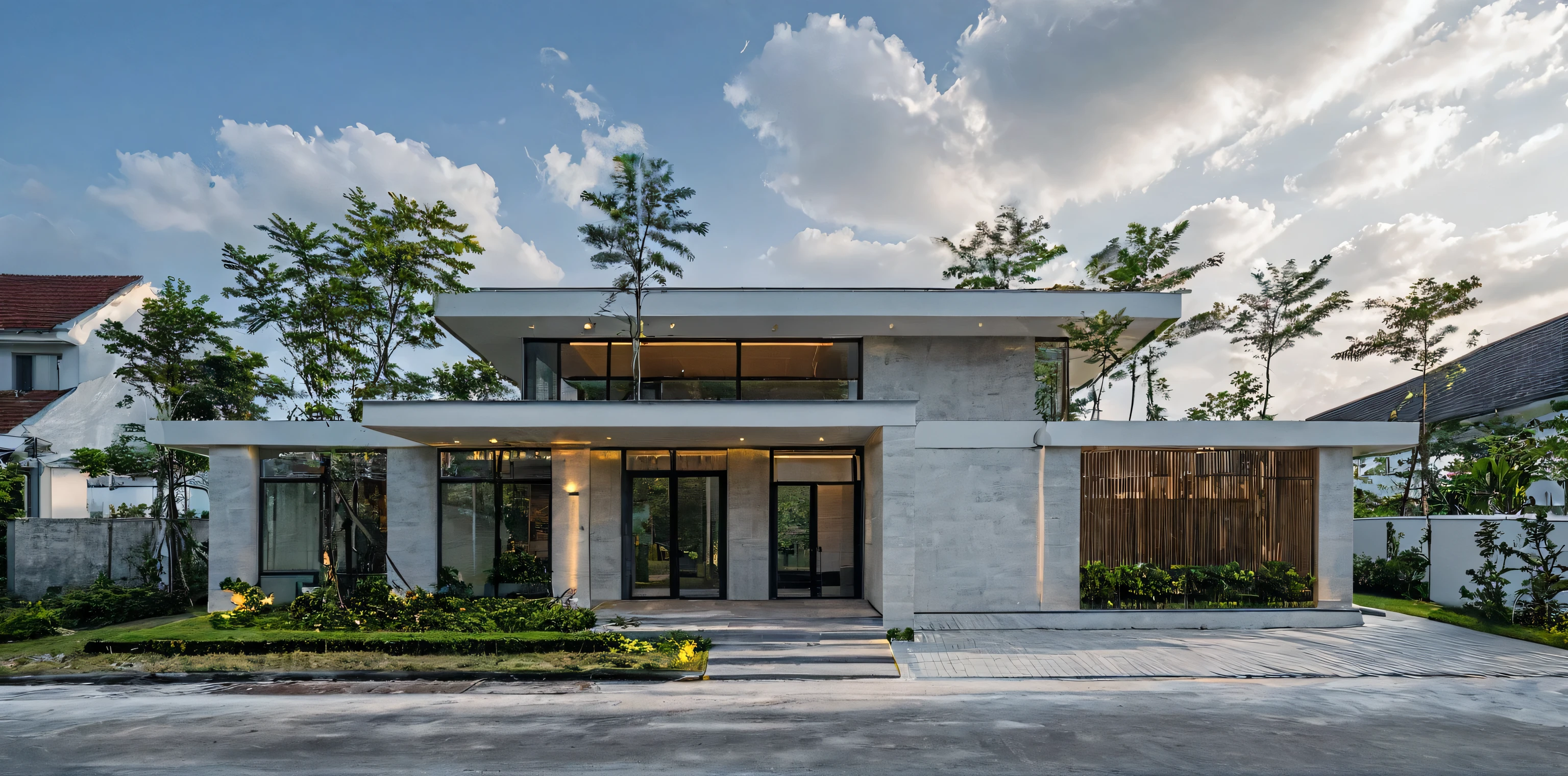 Masterpiece, high quality, best quality, authentic, super detail, outdoors, onestoreyvillaXL, aiaigroup, house style modern on the street ,stairs, white wall ,road,pavement, grass, trees, sky, cloud, (daylight:1.1)