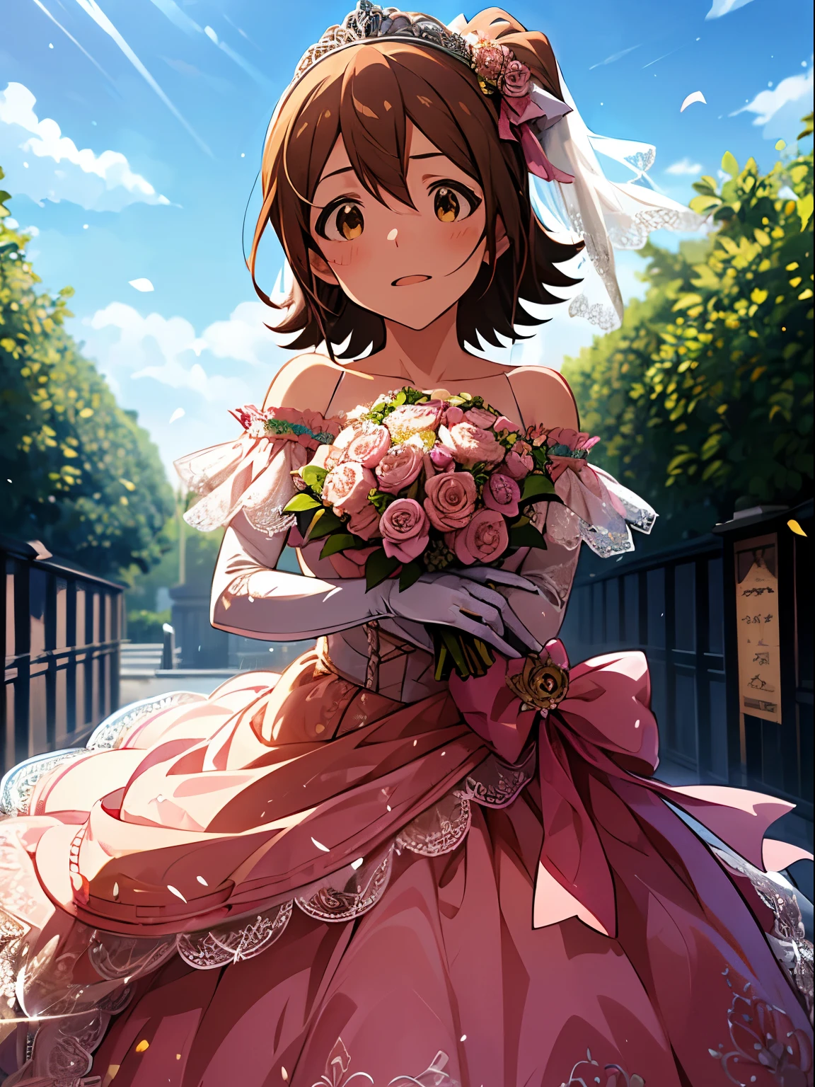 mirai kasuga (million live), 1 girl, Solo, Cute Girl,Best Quality, Ultra-detailed, 8K, High resolution, detailed face, kissing the bouquet, (wedding dress, pink dress, lacy dress, off shoulder, long gloves, tiara, holding a bouquet), front of the Chapel, blue sky,