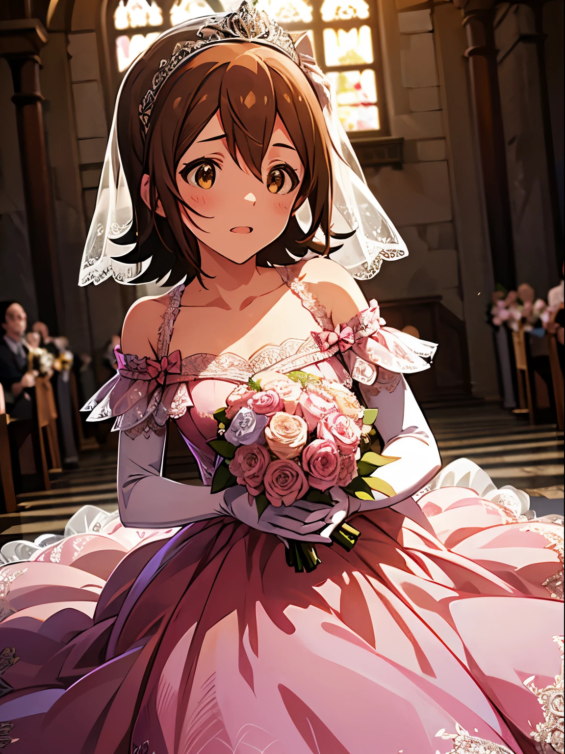 mirai kasuga (million live), 1 girl, Solo, Cute Girl,Best Quality, Ultra-detailed, 8K, High resolution, detailed face, kissing the bouquet, (wedding dress, pink dress, lacy dress, off shoulder, long gloves, tiara, holding a bouquet), front of the Chapel, blue sky,