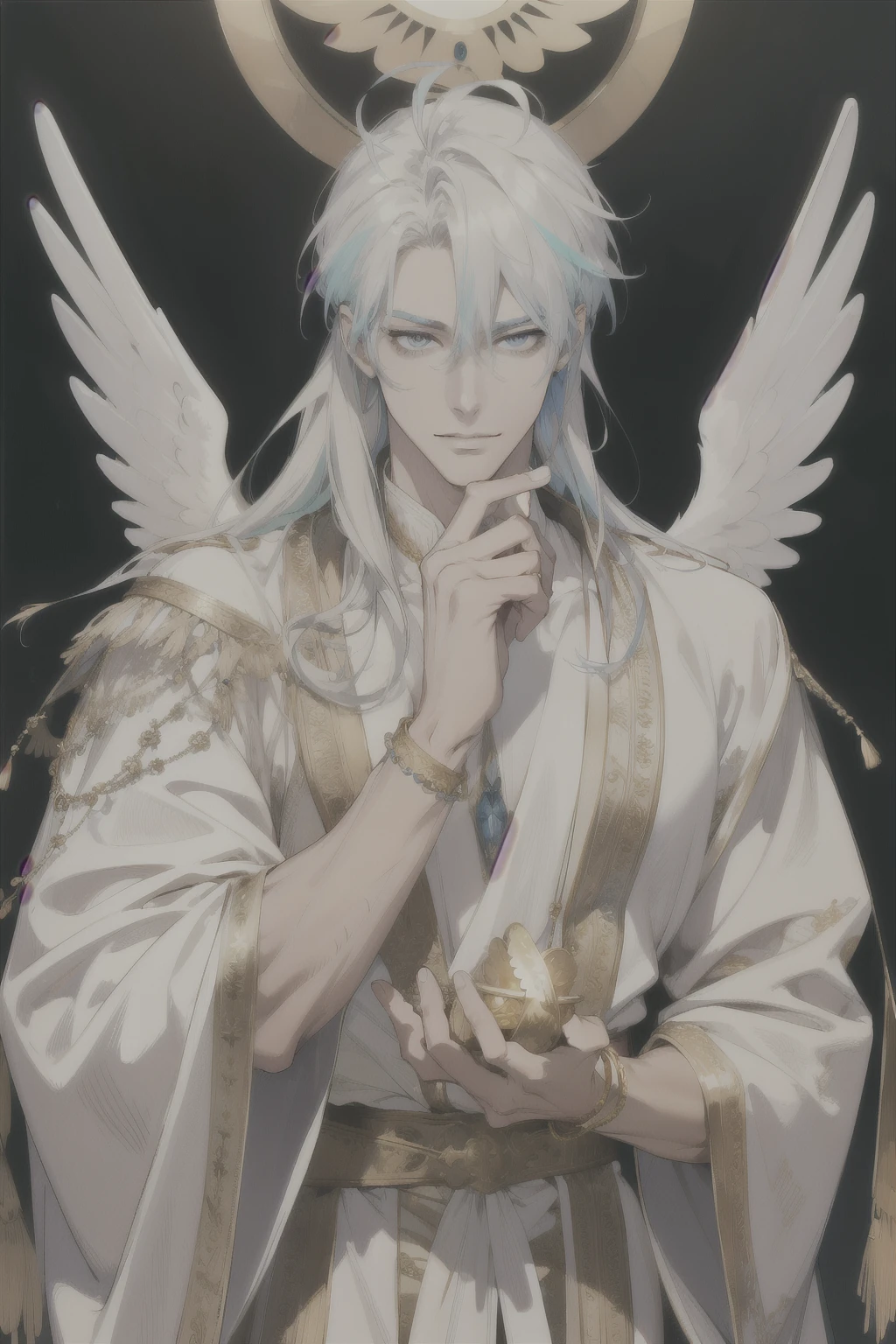 (absurdres, highres, ultra detailed), 1 male, adult, handsome, tall muscular guy, broad shoulders, finely detailed eyes and detailed face, pastel color long hair, fantasy, complex pattern, detailed face, angel wings, colorful, white robe, gold bracelets and accessories, golden armor, likes to celebrate and have fun, enjoys nature, bright and optimistic outlook, creative and adventurous spirit, represents happiness and harmony, looking at camera