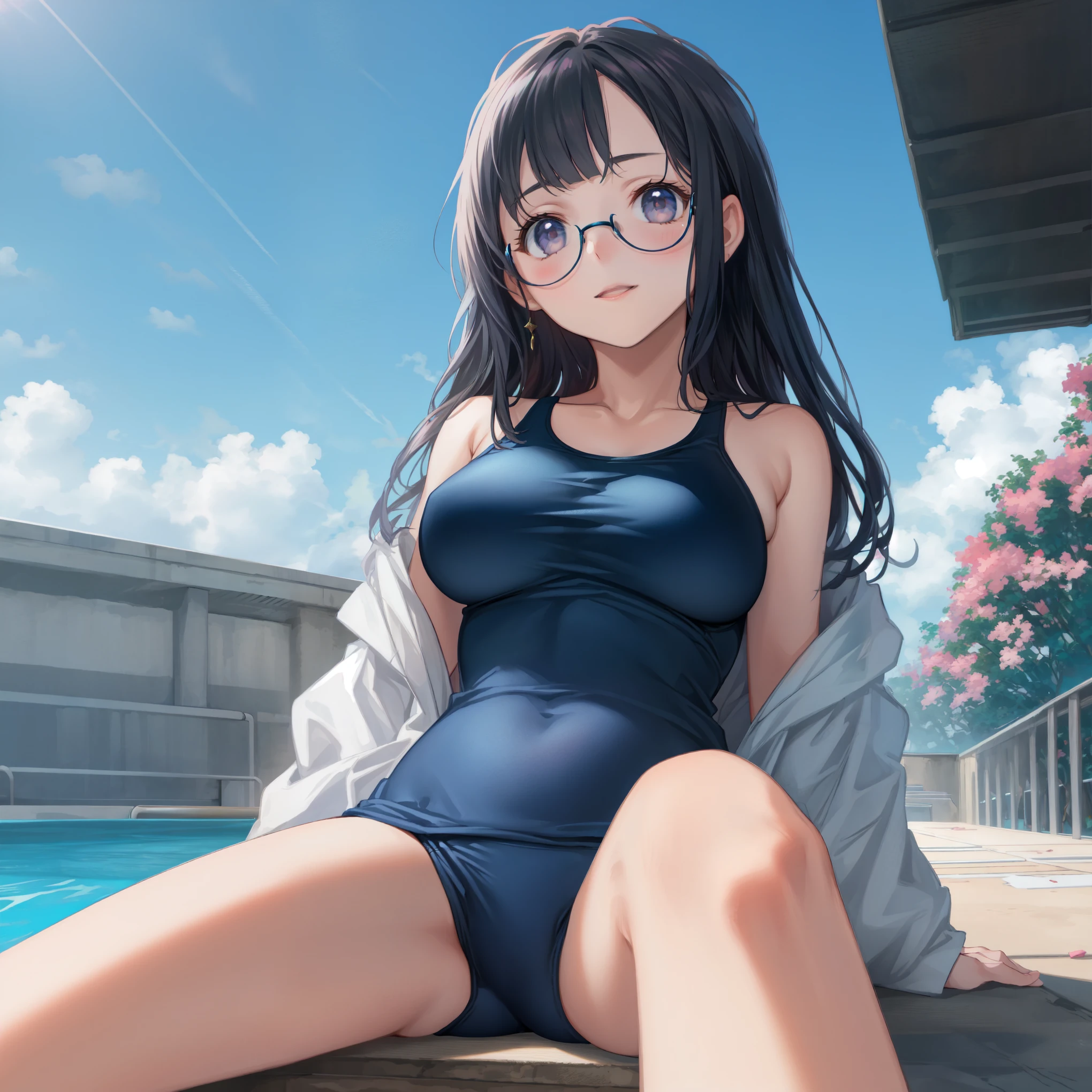 {{From Below}},high school girl,{masterpiece,best quality,illustration},{{{Sit on your knees by the pool}}},happy,BREAK,{black hair}},(Photorealistic:1.4),BREAK,{{Swimsuit}},{{beautiful eye1:4}},{{look far away}},17 years old,beautiful medium and large breasts 1:4,high school girl