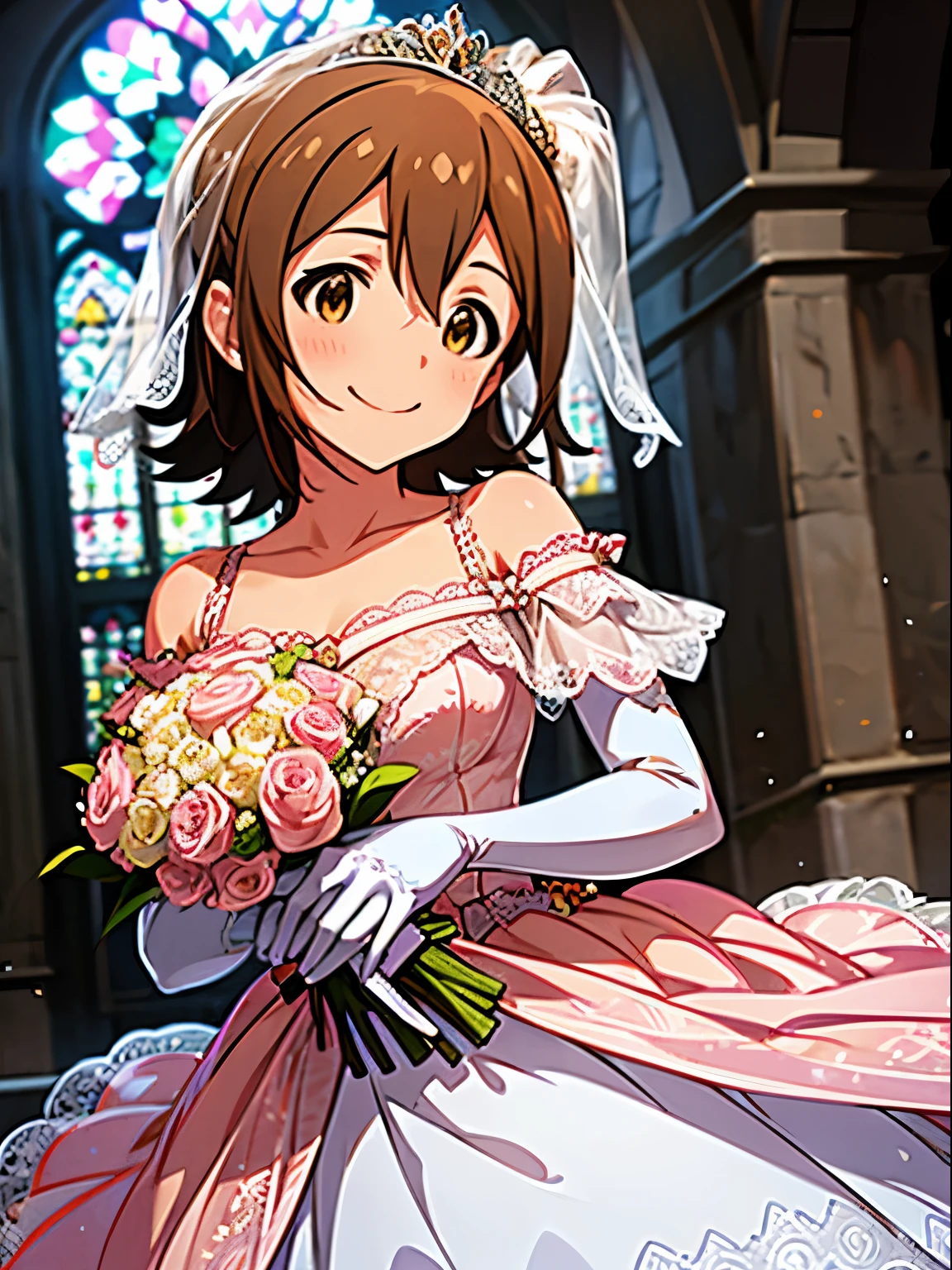 mirai kasuga (million live), 1 girl, Solo, Cute Girl,Best Quality, Ultra-detailed, 8K, High resolution, detailed face, kissing the bouquet, (wedding dress, pink dress, lacy dress, off shoulder, long gloves, tiara, holding a bouquet), front of the Chapel, blue sky,