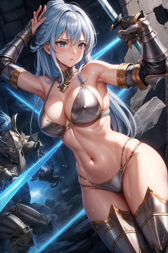 A female swordsman wearing shiny metallic steel armor.、Armpit、belly button、Thighs、Fighting monsters in a dungeon、Raise your sword、raise your arms high、Sweaty body、Sweat splashes、Bikini Armor