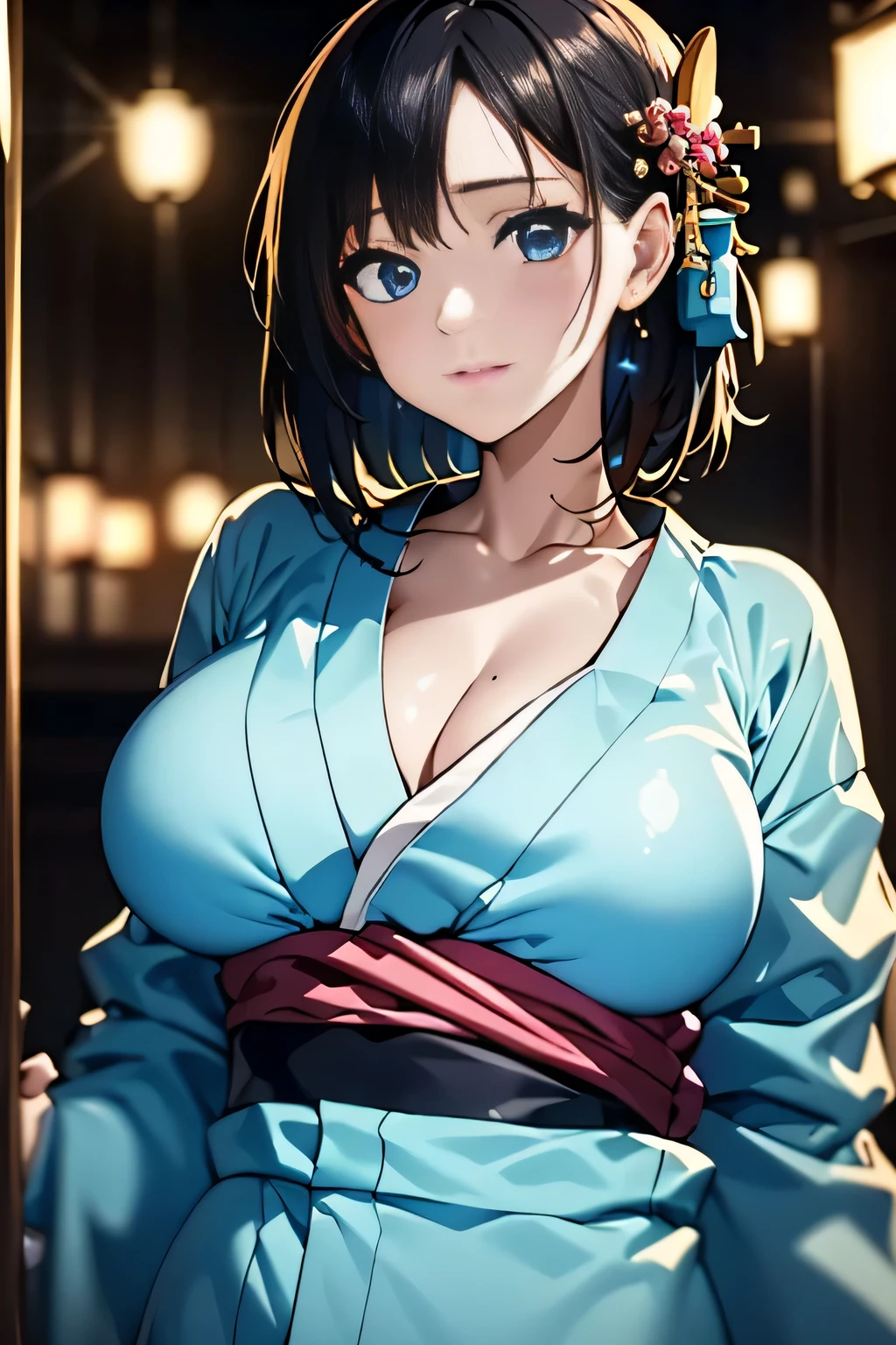 (((Gorgeous courtesan kimono:1.7))),(Beautiful mature woman in a noble courtesan kimono),(((Flashy and extravagant clothing:1.3))),(Glamorous Jar)(Gorgeous floral hair ornament),Gorgeous floral braided top knot,Very delicate and beautiful hair,),(((Accentuate larger breasts:1.3))),Fireworks shooting up into the sky against the backdrop of the riverbank at night.、Cute round face,Detailed garment features,Detailed hair features,Detailed facial features,Looking at the camera,(Dynamic Angle),(Dynamic and sexy pose),Cinematic Light,(masterpiece,highest quality,Ultra-high resolution output images,Written boundary depth,Intricate details,Light and shadow contrast、The subject appears three-dimensional,) ,digital illustration,Single-lens reflex camera, (Realistic:1.3),(8K quality,Anatomically correct facial structure,),(SeaArt 2 Mode:1.3),(Picture Mode Ultra HD,)