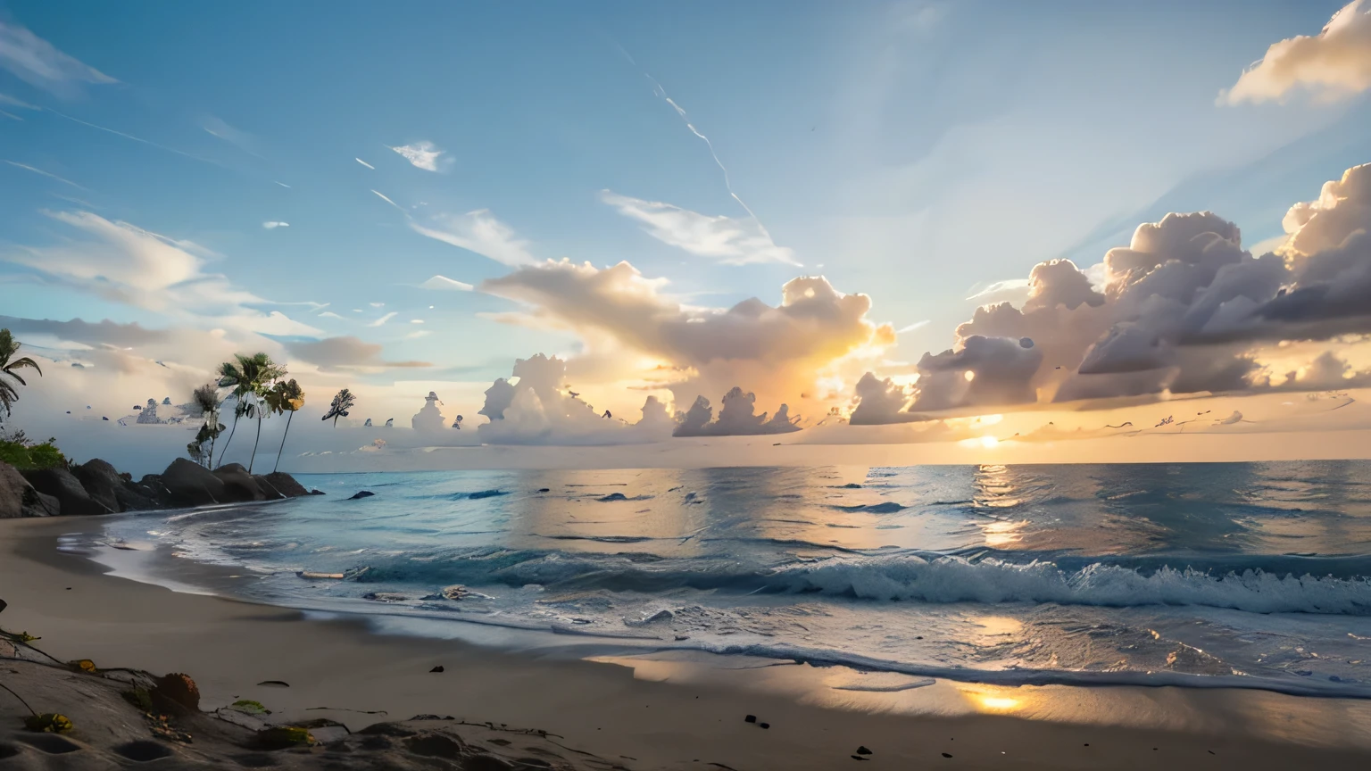 Playa tropical con varias palmeras y puesta de sol espectacular con abundantes nubes