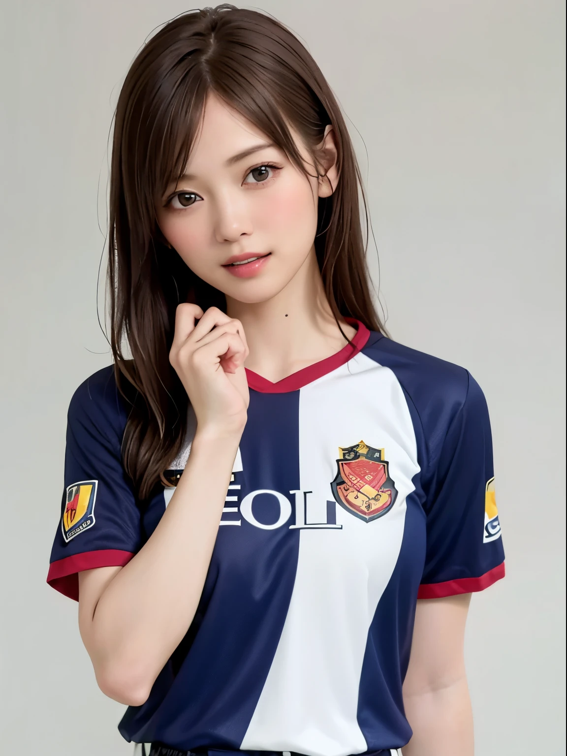 (highest quality、8k、32k、masterpiece、Hmph:1.2)、(RAW Photos)、(Realisticな)、(Realistic:1.2)、(High resolution)、Very detailedな、とても美しいfaceと目、One Girl、丸くて小さいface、big breasts and small waist、Delicate body、(close、highest quality、Attention to detail、Rich skin detail、)、(highest quality、8k、Oil paint:1.2)、Very detailed、(Realistic、Realistic:1.37)、Vibrant colors、(((Blushing)))、(((woman'face)))、(((Light brown hair)))、(((lol)))、(((lolfaceです)))、(((Teeth are visible)))、(((Semi-long hair)))、(((Bust Shot)))、(((White Background)))、((Long Hair))、(((Pure white wall background)))、(((緑のSoccer uniforms、I'Wearing short sleeves)))、(((Soccer uniforms)))、(((Pure white wall background)))、(((Model pose)))、Arms crossed、lolっています