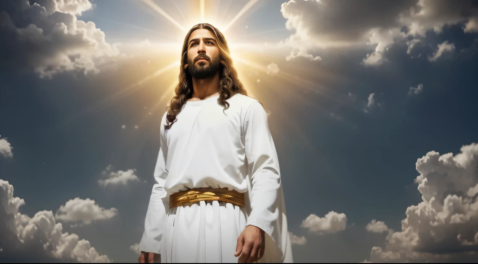arafed image of jesus standing in front of a bright sun, jesus christ, holy sacred light rays, god sun rays, the lord and savior, glowing halo above his head, jesus, young almighty god, glowing god rays, bright light masterpiece, god looking at me, dressed like jesus christ, jesus of nazareth, portrait of jesus christ