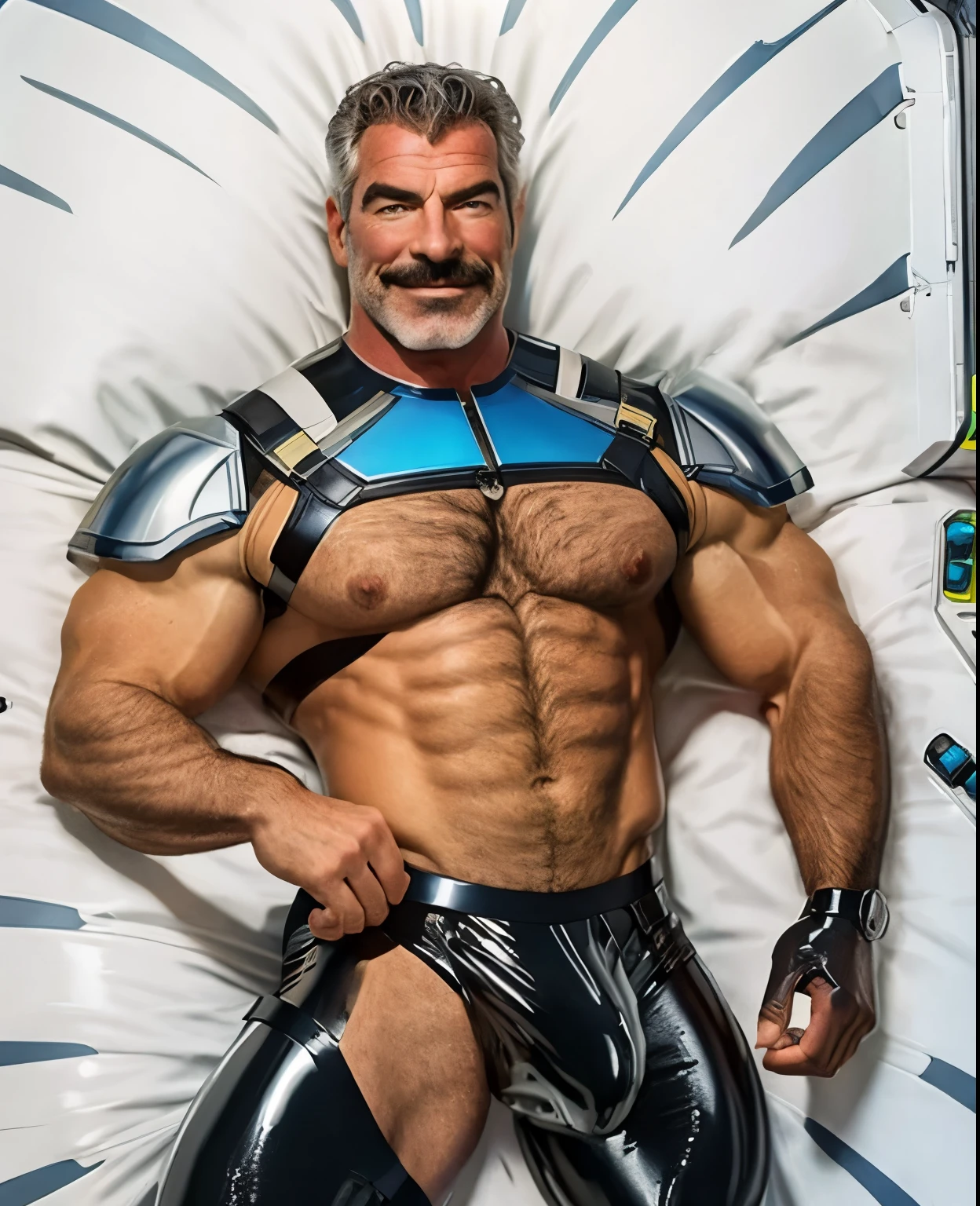 full body portrait, strong burly hairy mature older man(space captain), wearing futuristic captain's uniform insignia (neon and black) (open and revealing) (latex) , gray hair, broad shoulders, round belly, thick feet, bulging micro thong, barefoot, scifi spaceship captain uniform, neon lights, best quality elegant masterpiece, face looks like Tom Selleck (Magnum PI) , military buzzcut, dark mustache, gray stubble, latex, wearing a latex thong, big bulging crotch, futuristic gear equipment, wearing see through plastic chest armor (neon yellow and electric blue), wearing neon yellow see through chest armor, wearing electric blue latex chaps(see-through) , wearing cool neon sneakers,in spaceship cockpit, lying in spaceship sleeping quarters(bed) (view from above), smiling with teeth showing, nicebulge, waiting in bed, glowing armor, legs up(!) and spread(!) , big muscle ass, wet and dripping ass, visible asshole(!) , wet asshole, hairy pecs, thick long legs, silver hair