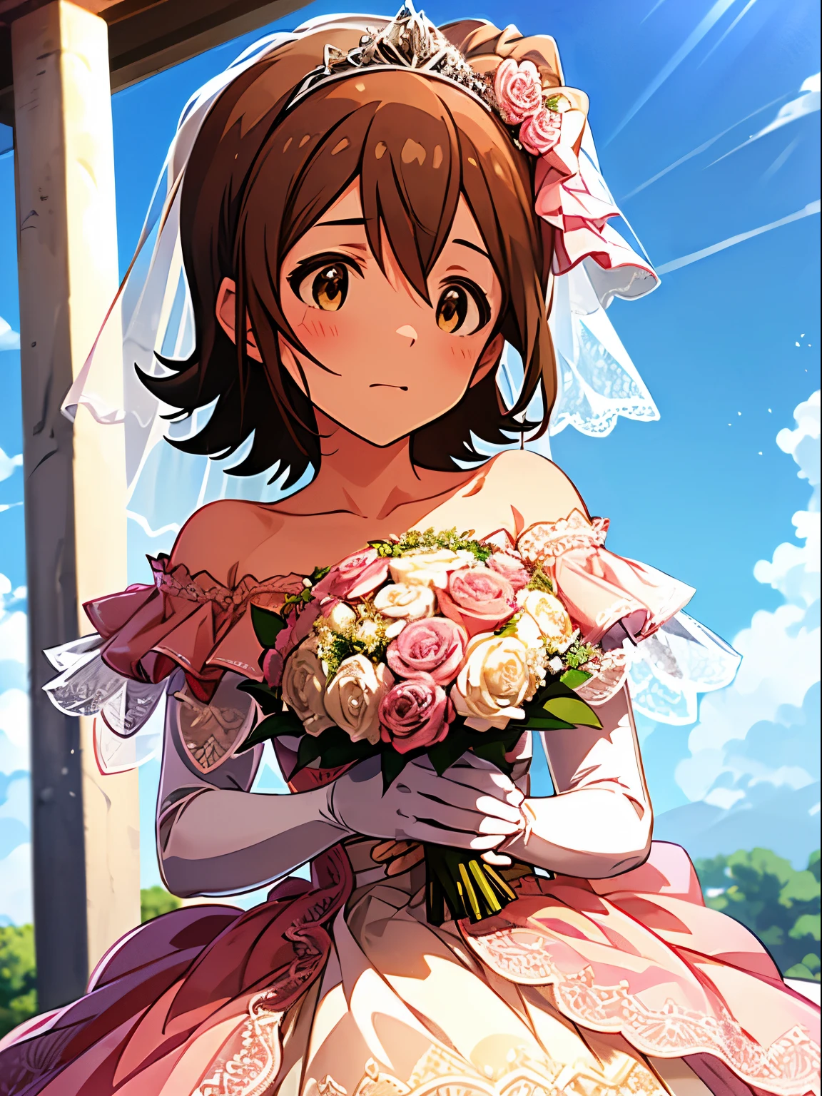 mirai kasuga (million live), 1 girl, Solo, Cute Girl,Best Quality, Ultra-detailed, 8K, High resolution, detailed face, kissing the bouquet, (wedding dress, pink dress, lacy dress, off shoulder, long gloves, tiara, holding a bouquet), front of the Chapel, blue sky,