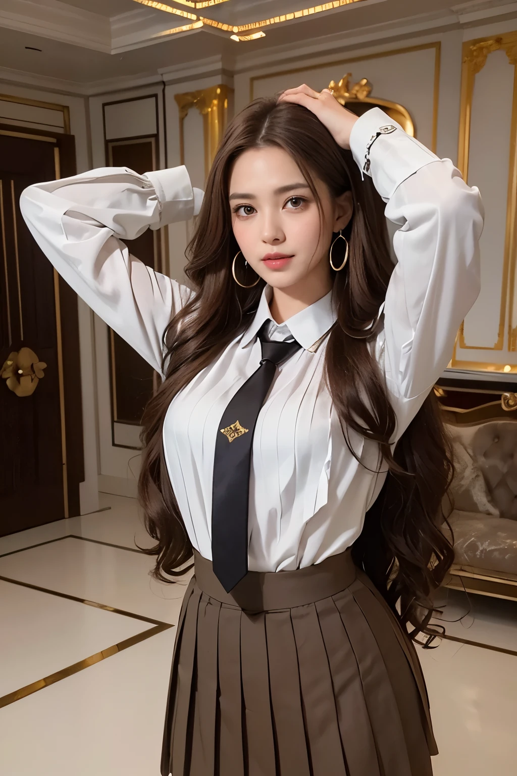 highest quality, masterpiece, 8k, Ultra-high resolution, (Realistic: 1.4), 1 girl, Beautiful Face, Symmetrical eyes, big, Perfect Body Proportions, ((((Extra long brown hair:1.2)))),((Loosely inward wavy hair:1.2)),((Gold Necklace_Large earrings:1.2)), The viewer's gaze, (((in a Luxurious room:1.3)),), Front view, Absolute area (1.3),A kind smile、Seems kind、Cowboy Shot、((white collared blouse、dark grey pleated skirt with tie:1.3))((full figure supermodel standing, entire body in frame))fullbody shot、((arms up:1.3)),
