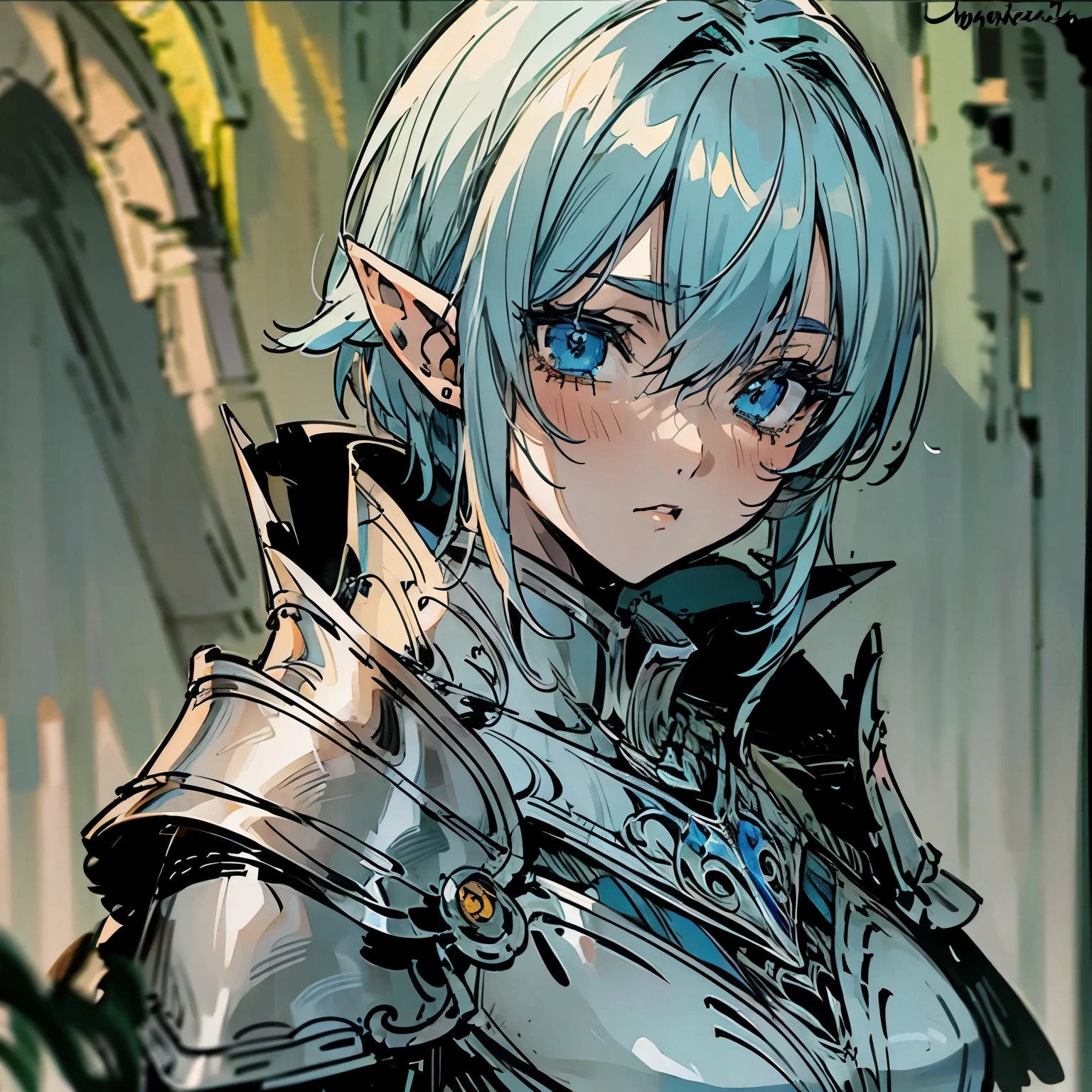 elf knightess, wearing knight armor, kuudere, short light blue hair, short, blank look[Face close up, detailed face, attention to face], dark fantasy