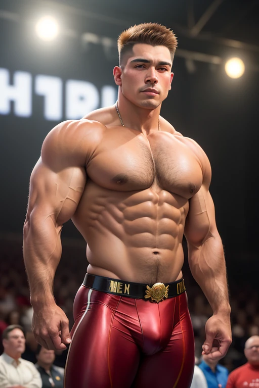 (Pintura digital), (La mejor calidad), 1 () extremamente musculoso sin camisa, Scene from a bodybuilding competition. (Otros culturistas sin camisa en el escenario). Clint, the oldest of the group of young bodybuilders in the competition, one head higher than the others on the back, hombros muy anchos, Espalda firme, Trasero redondo, trasero firme,, Built as a solid V from wide shoulders to a slim thong waist. He lifted weights since he was 14 yearsad melon-sized biceps to prove it....