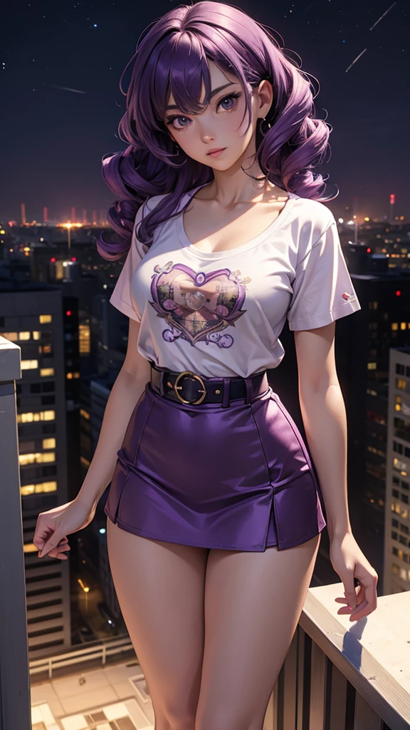 (masterpiece), (best quality), (detailed), light layer, 1solo girl, young girl, perfect body, purple hair in curls, defined large chest, small waist,defined collarbone, ultra realistic, photorealistic, detailed, ,Enhance, wearing an anime shirt and mini skirt, standing on the rooftop, nightime